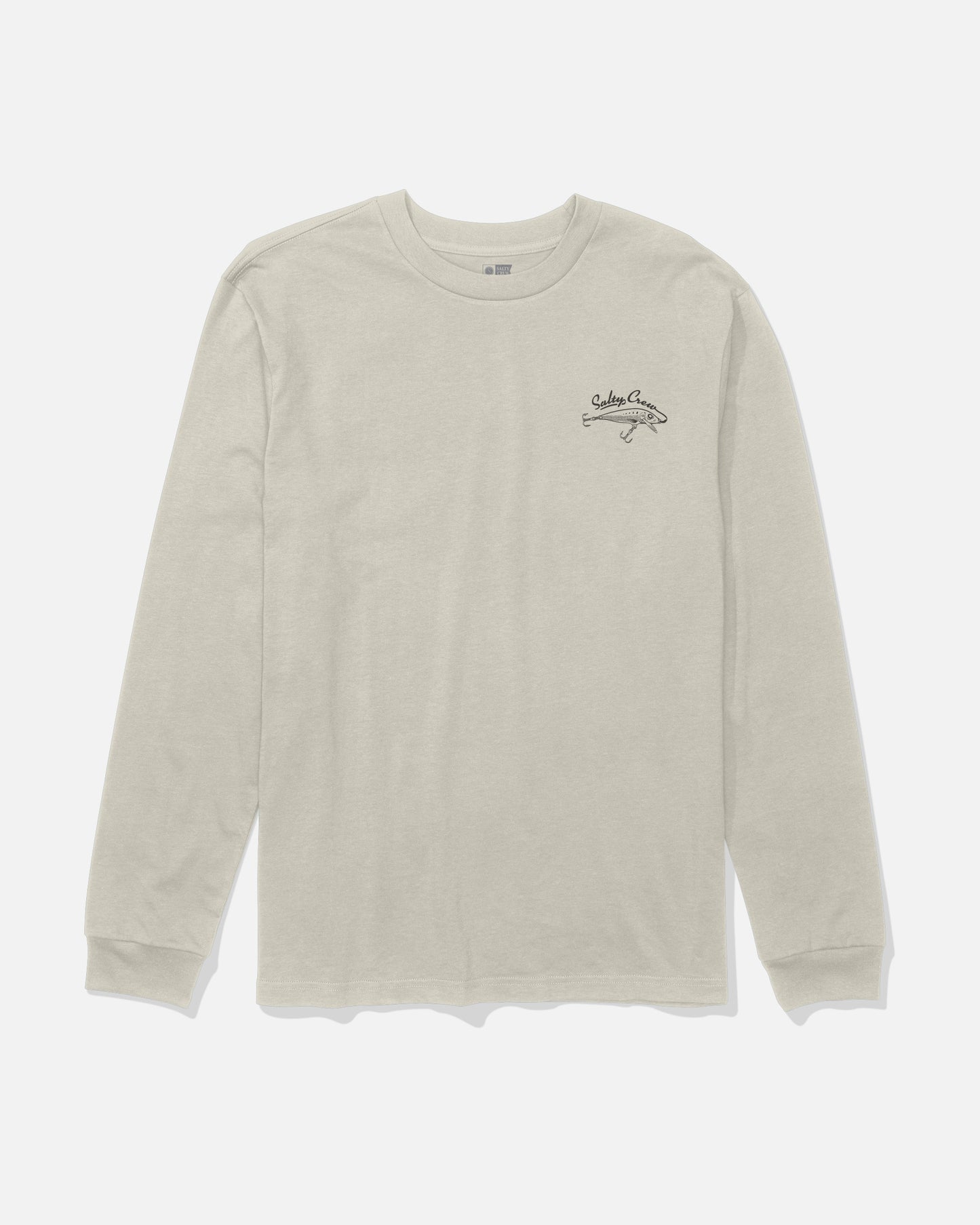 The Salty Crew Decoy Long Sleeve Tee in Bone is a light beige cotton t-shirt with long sleeves, crafted from soft combed ringspun fabric and featuring a small black screenprinted logo and text on the left chest, displayed laid flat on a white background.