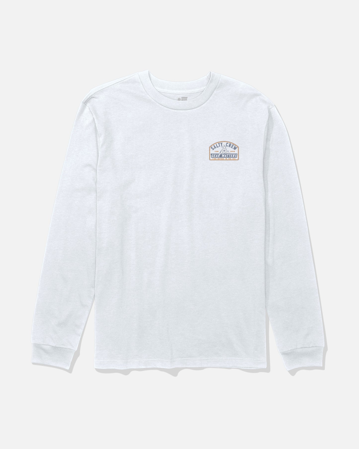 Salty Crew Gear Shop Long Sleeve Tee - White: This soft, combed ringspun cotton shirt features long sleeves and a small, rectangular screenprinted logo with text and a wave graphic on the left chest. Laid flat on a plain white background.
