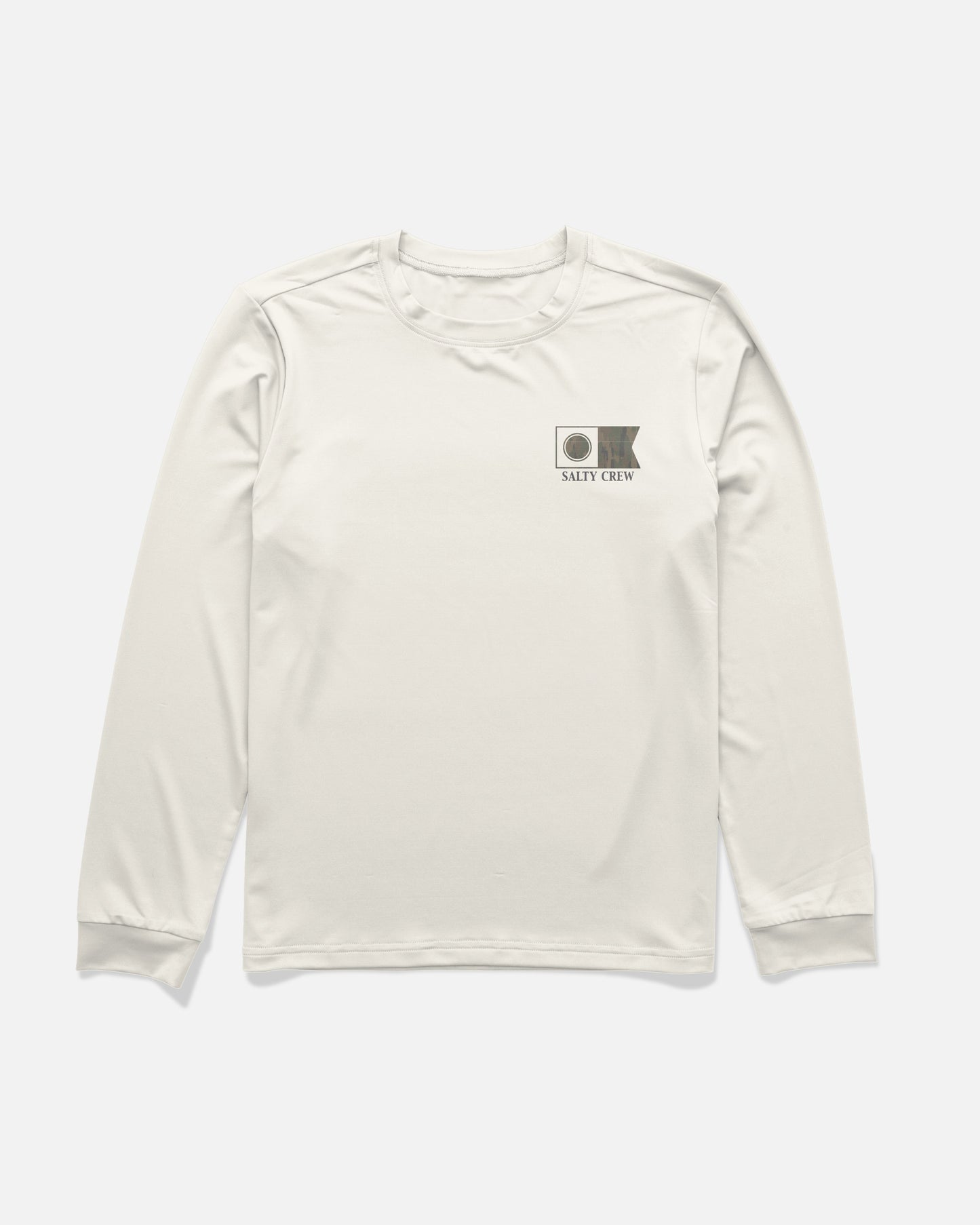 The Salty Crew Flagship Fill Boys Long Sleeve Sunshirt in Bone features a small Salty Crew logo and flag graphic on the left chest, crafted from lightweight, moisture-wicking fabric for all-day comfort.