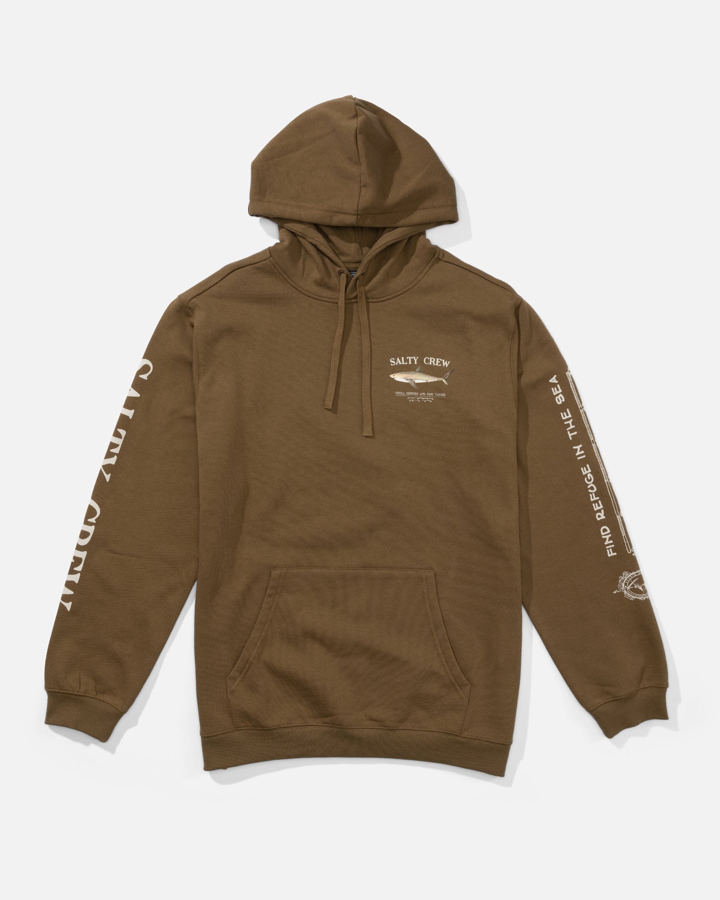 The Salty Crew Bruce Fleece Hoodie in Teak is a brown mid-weight hoodie with a kangaroo pocket, drawstrings, and bold white screenprinted graphics on the chest, sleeves, and side.