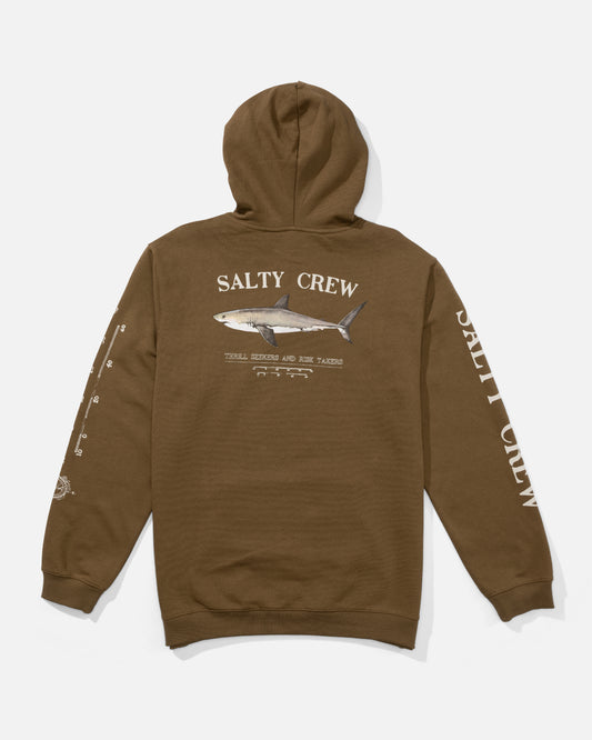 The Salty Crew Bruce Fleece Hoodie in Teak is a brown mid-weight pullover featuring a large screenprinted shark and SALTY CREW logo on the back, with extra graphics on the sleeves. Classic kangaroo pocket. Shown flat on a white background.