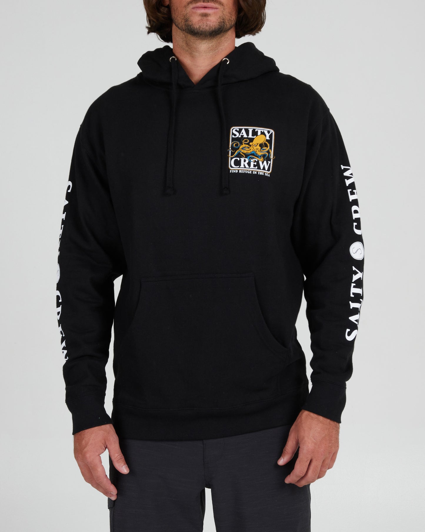 On body front of the Ink Slinger Black Hood Fleece