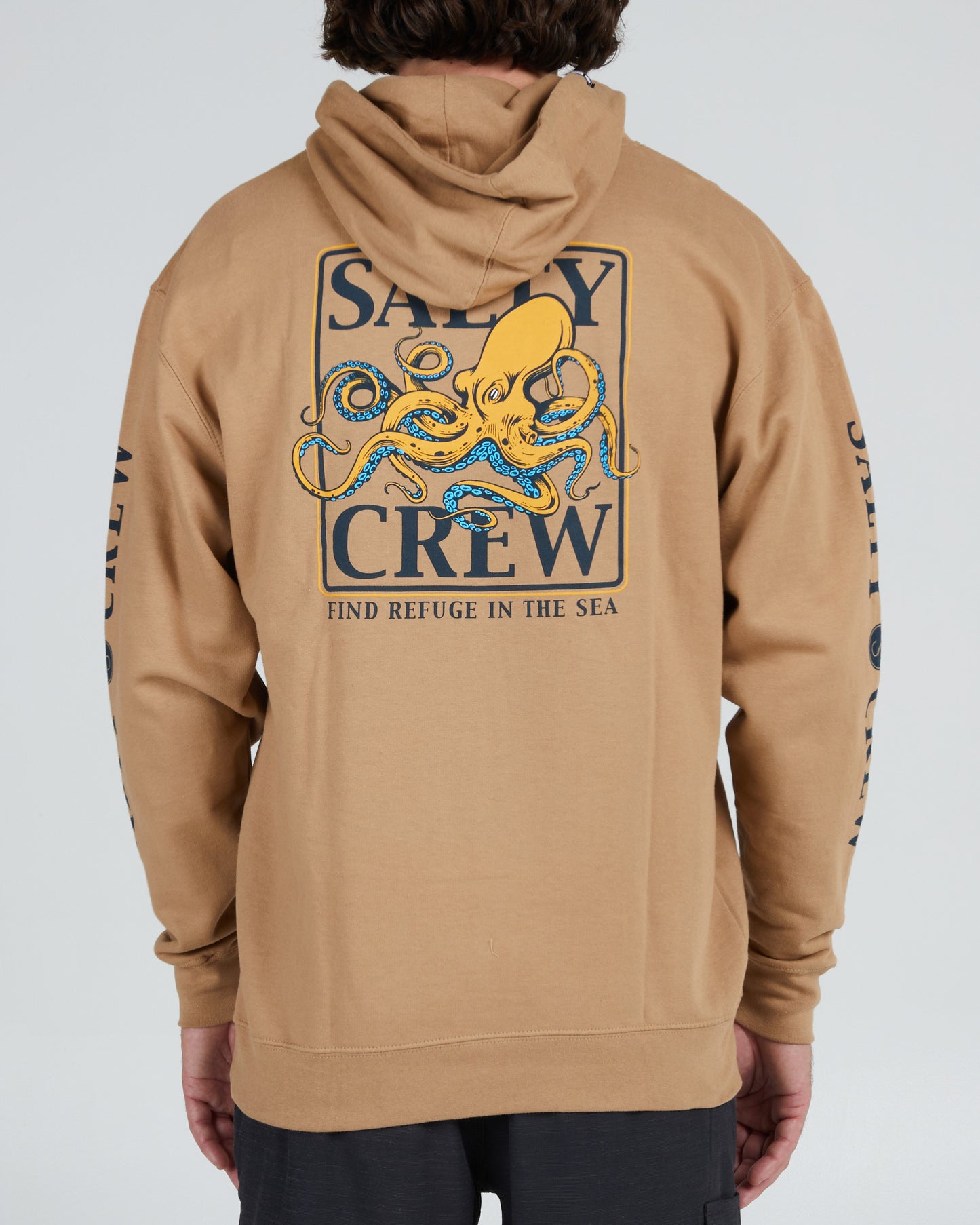 On body back of the Ink Slinger Sandstone Hood fleece