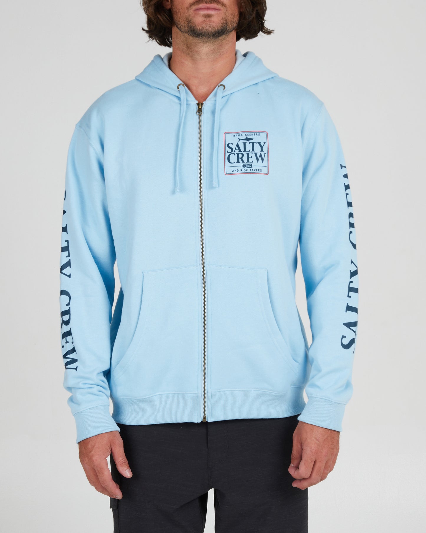 On body front of the Coaster Light Blue Zip Fleece