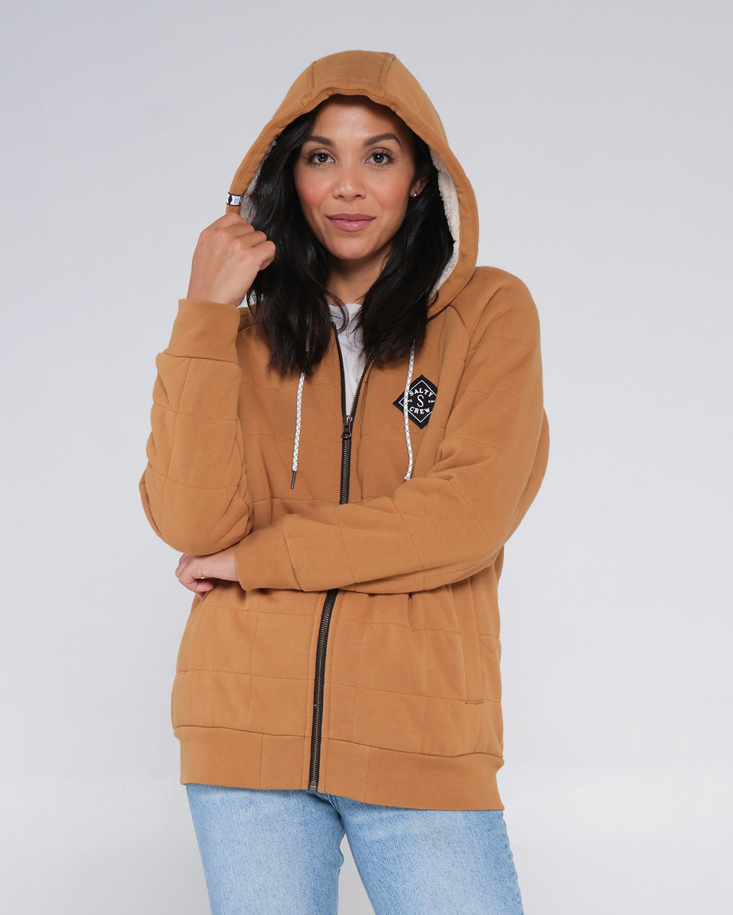 On body front of the Seeking Sherpa Workwear Brown Hoody