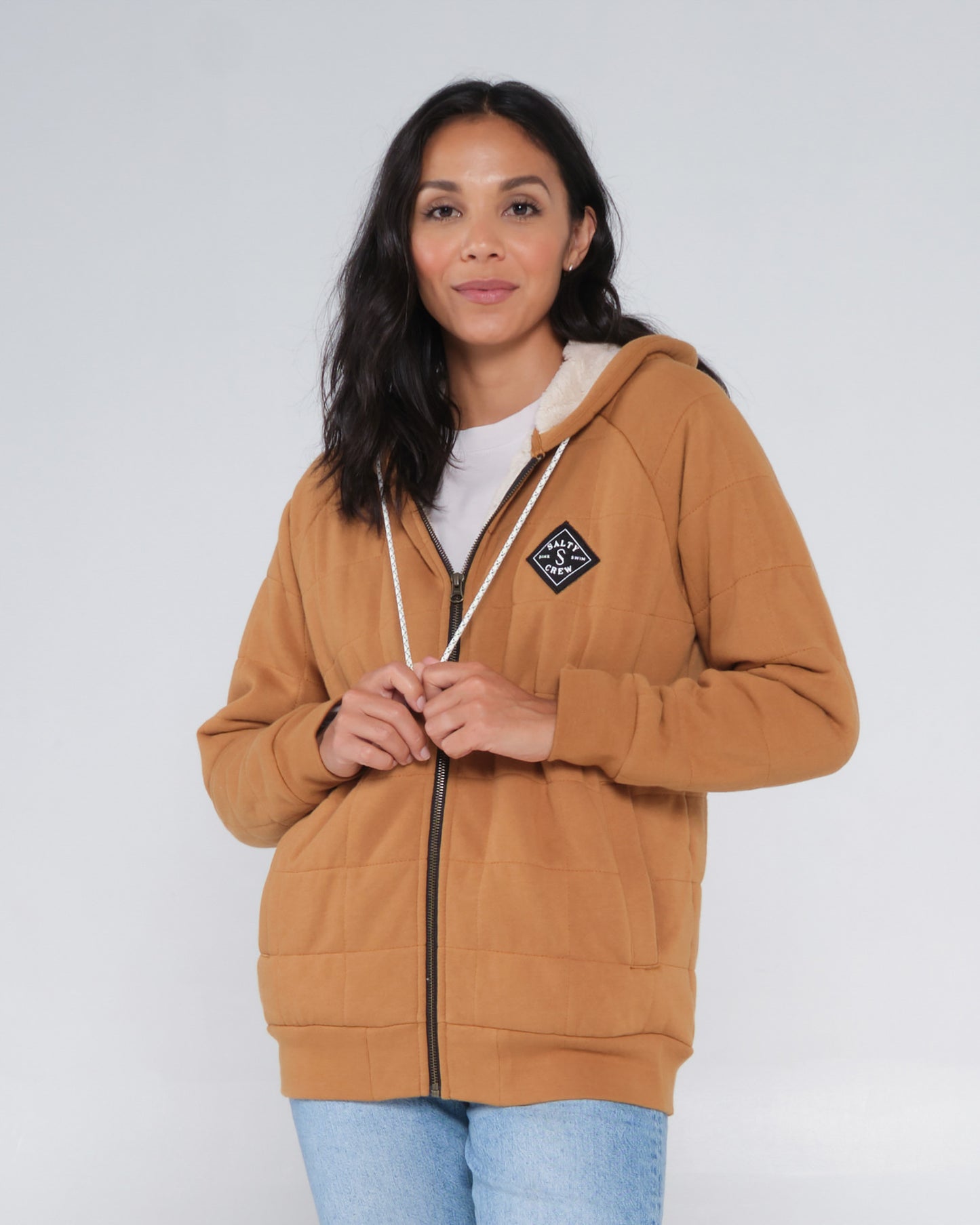 On body front of the Seeking Sherpa Workwear Brown Hoody