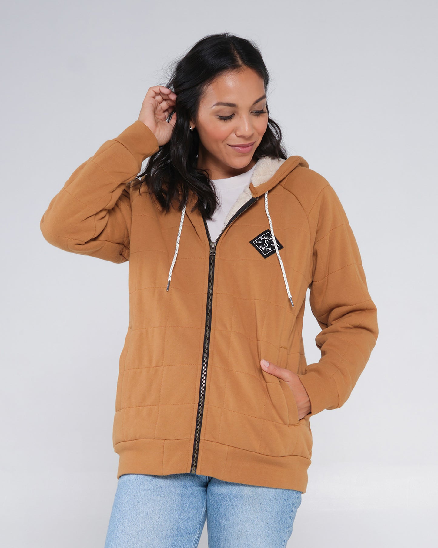 On body front of the Seeking Sherpa Workwear Brown Hoody