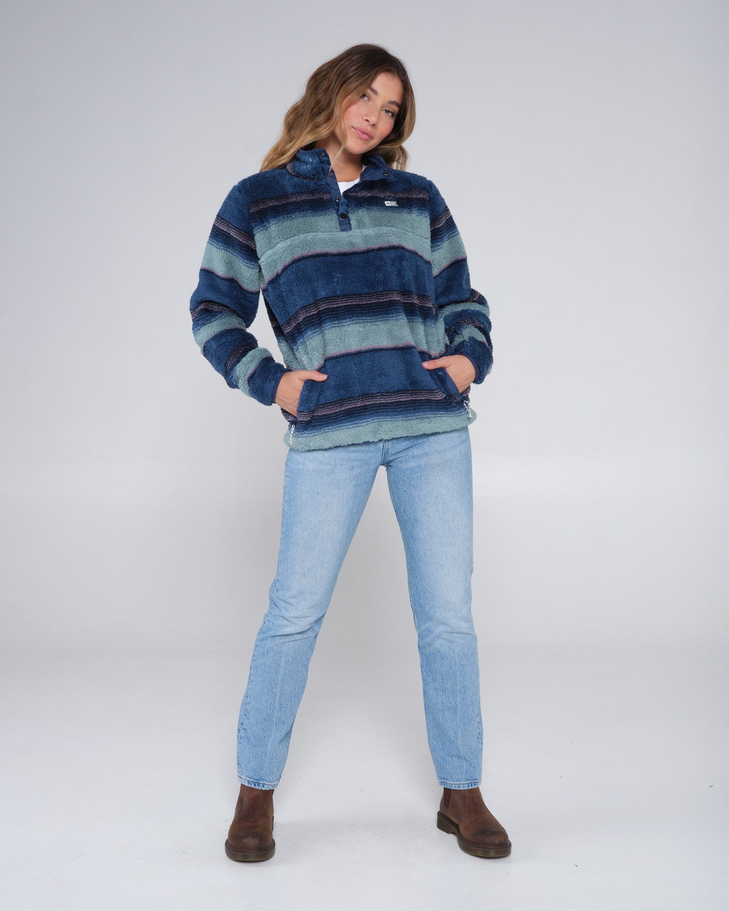 On body front of the Calm Seas Blue Steel Pullover