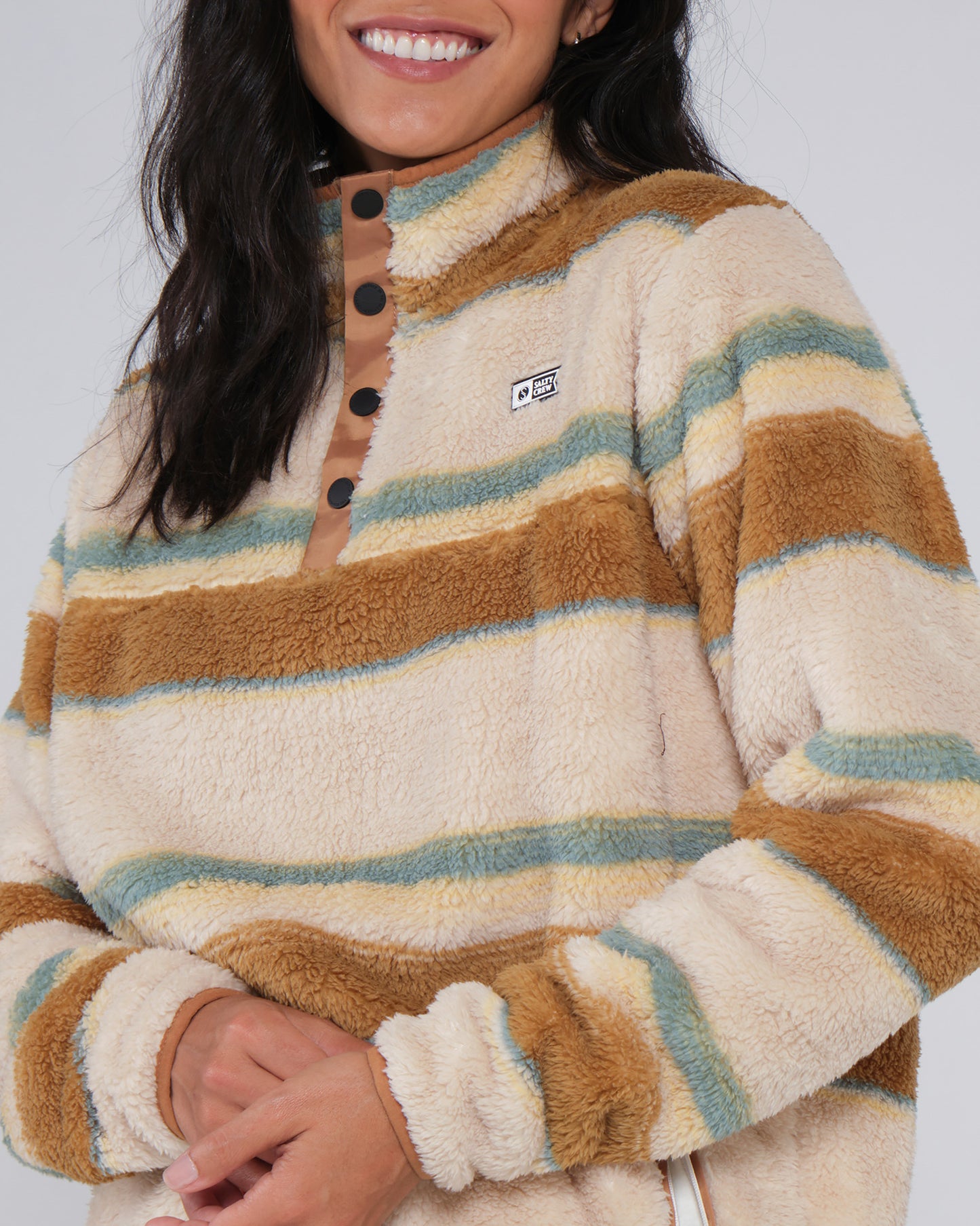 On body close up of the Calm Seas Natural Pullover
