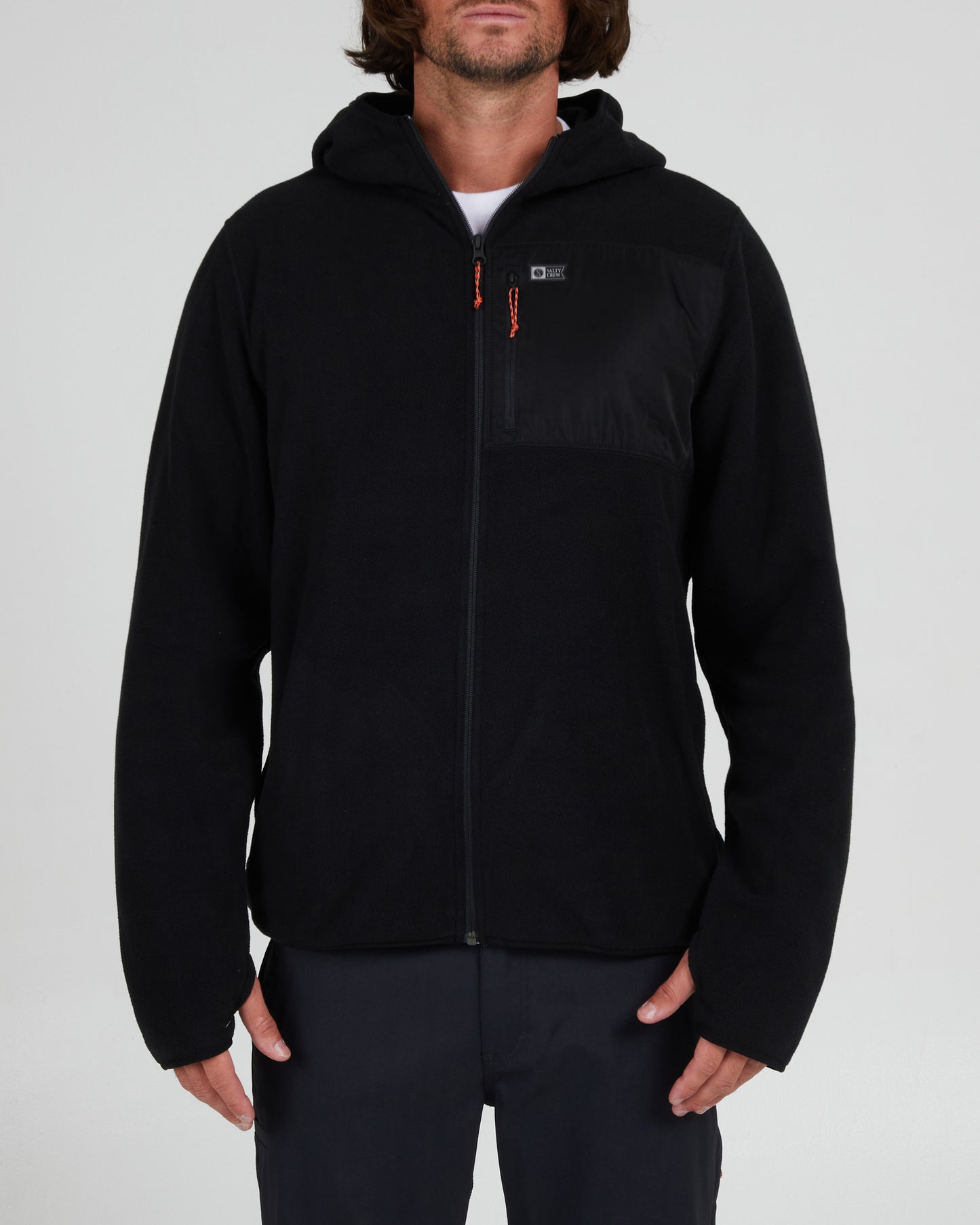 On body front of the Ebbtide Black Zip Hooded Polar Fleece