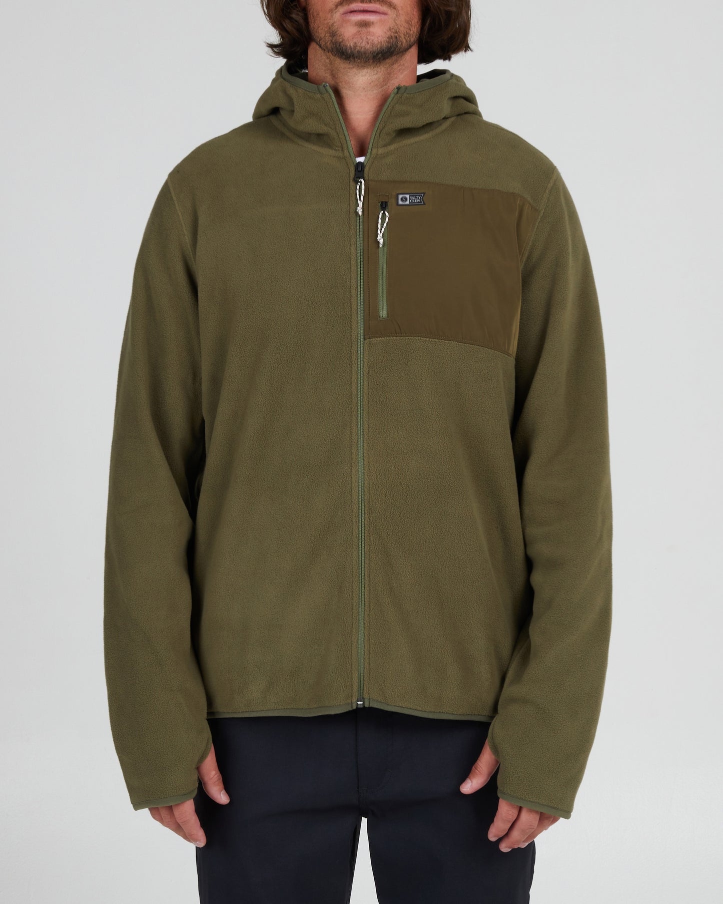 On body front of the Ebbtide Olive Zip Hooded Polar Fleece