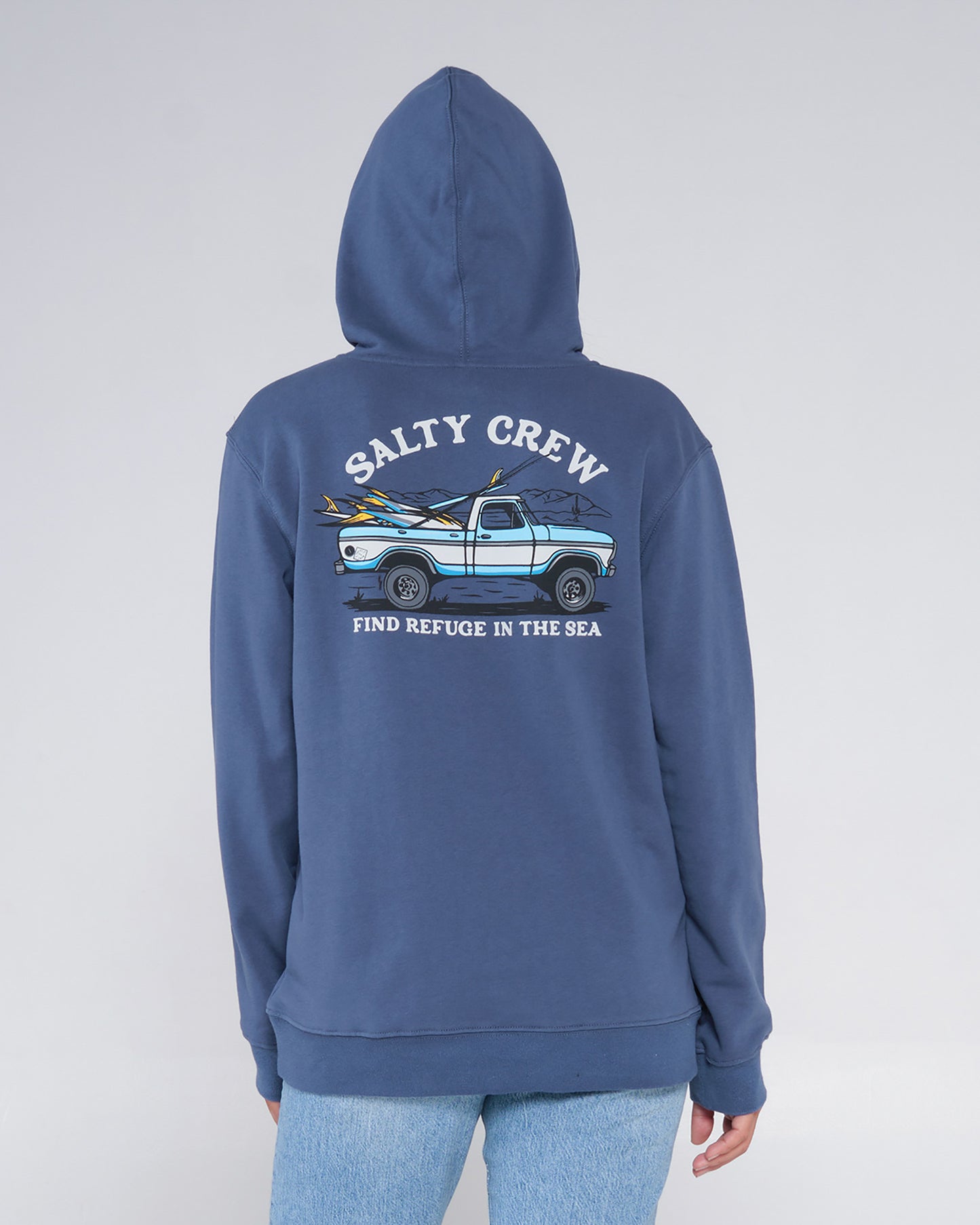 back view of Baja Days Blue Steel Hoody