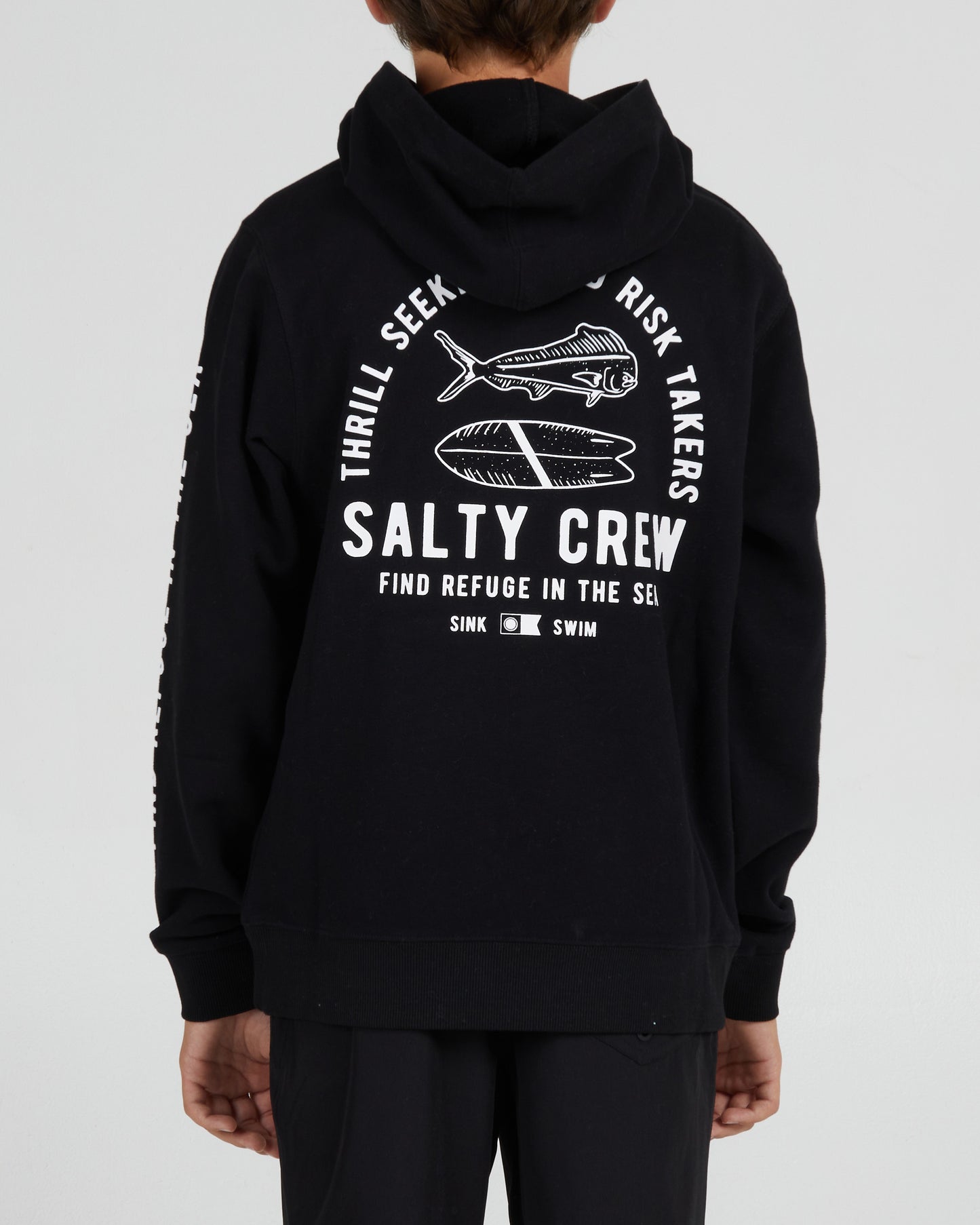On body back of the Lateral Line Boys Black Hooded Fleece