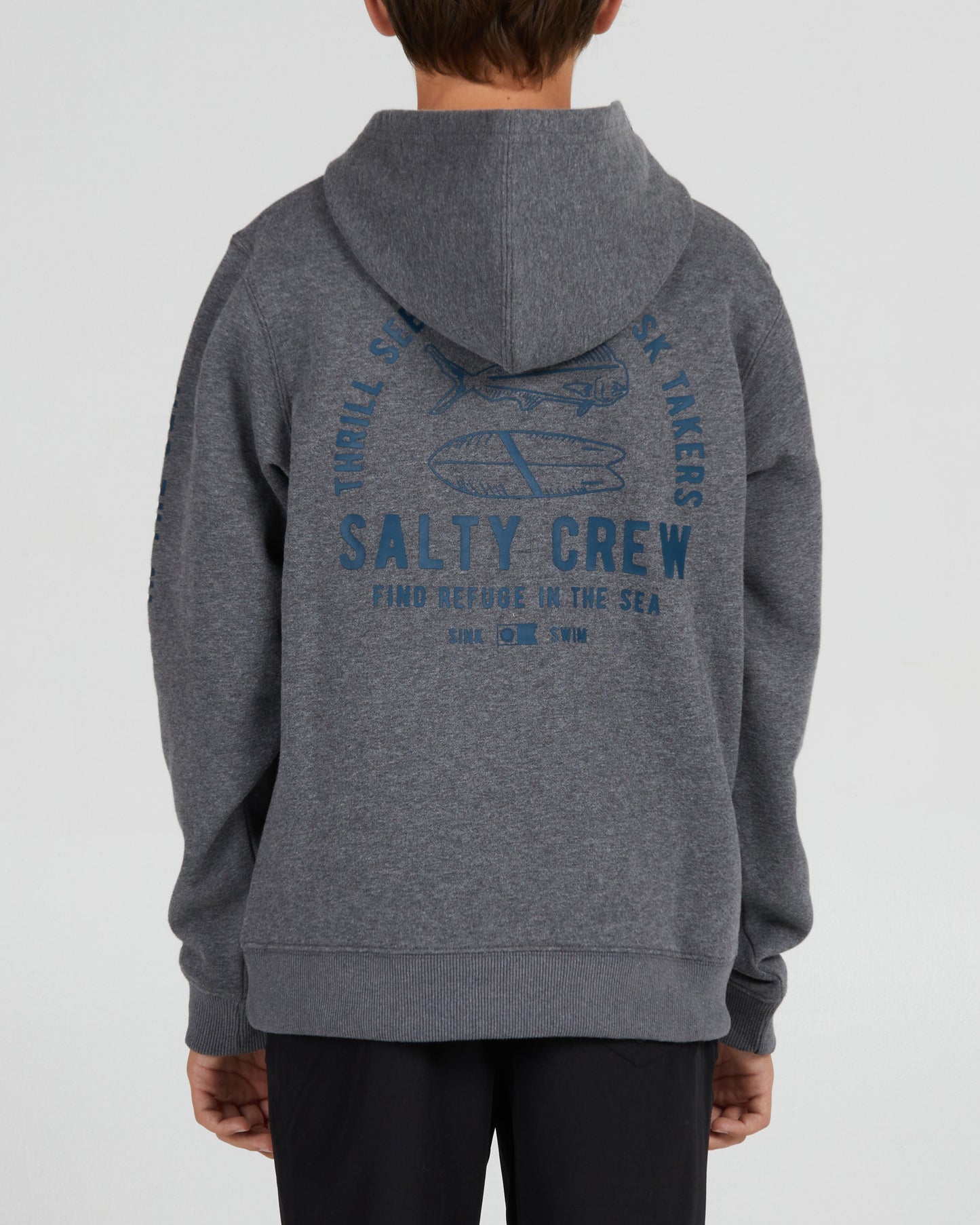 On body back of the Lateral Line Boys Gunmetal Heather Hooded Fleece