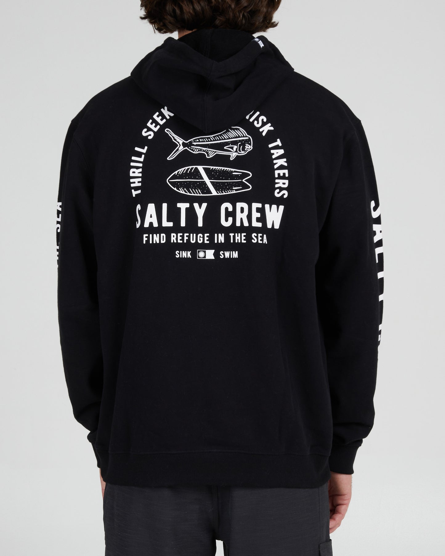 On body back of the Lateral Line Black Hooded Fleece