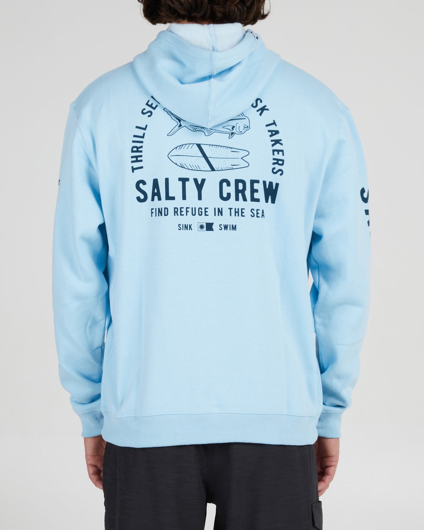 On body back of the Lateral Line Blue Hooded Fleece