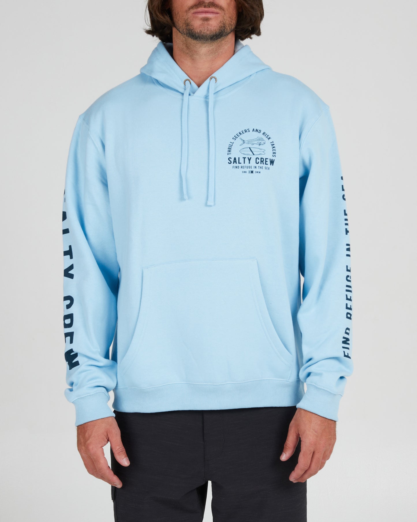 On body front of the Lateral Line Blue Hooded Fleece