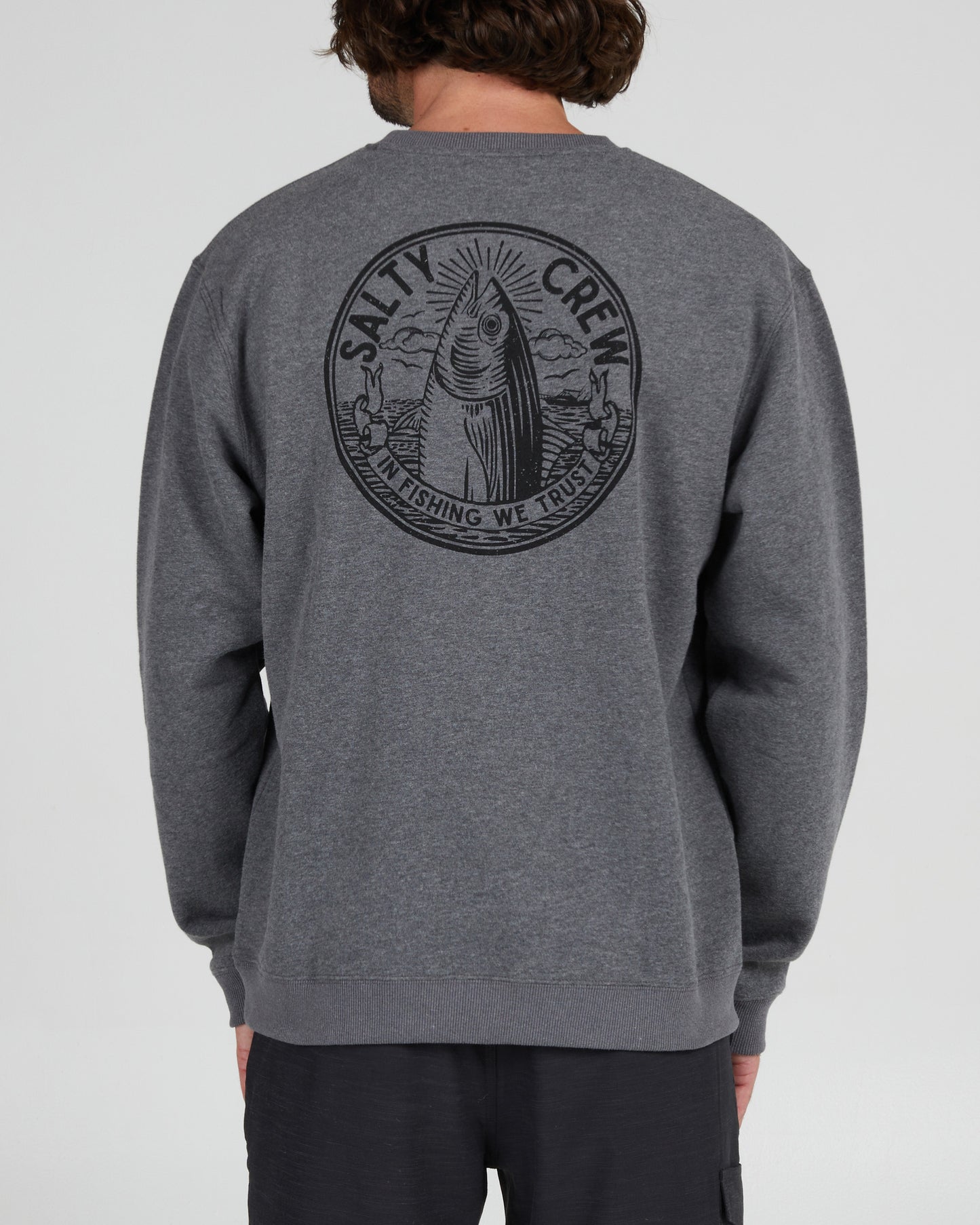 On body back of the In Fishing We Trust Gunmetal Crew Fleece