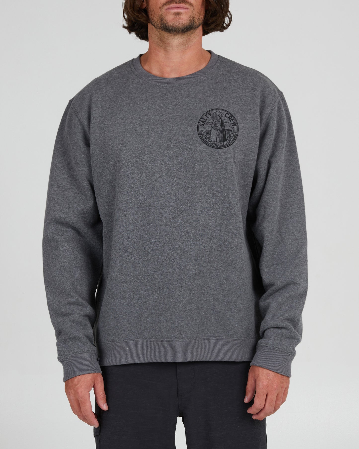 On body front of the In Fishing We Trust Gunmetal Crew Fleece