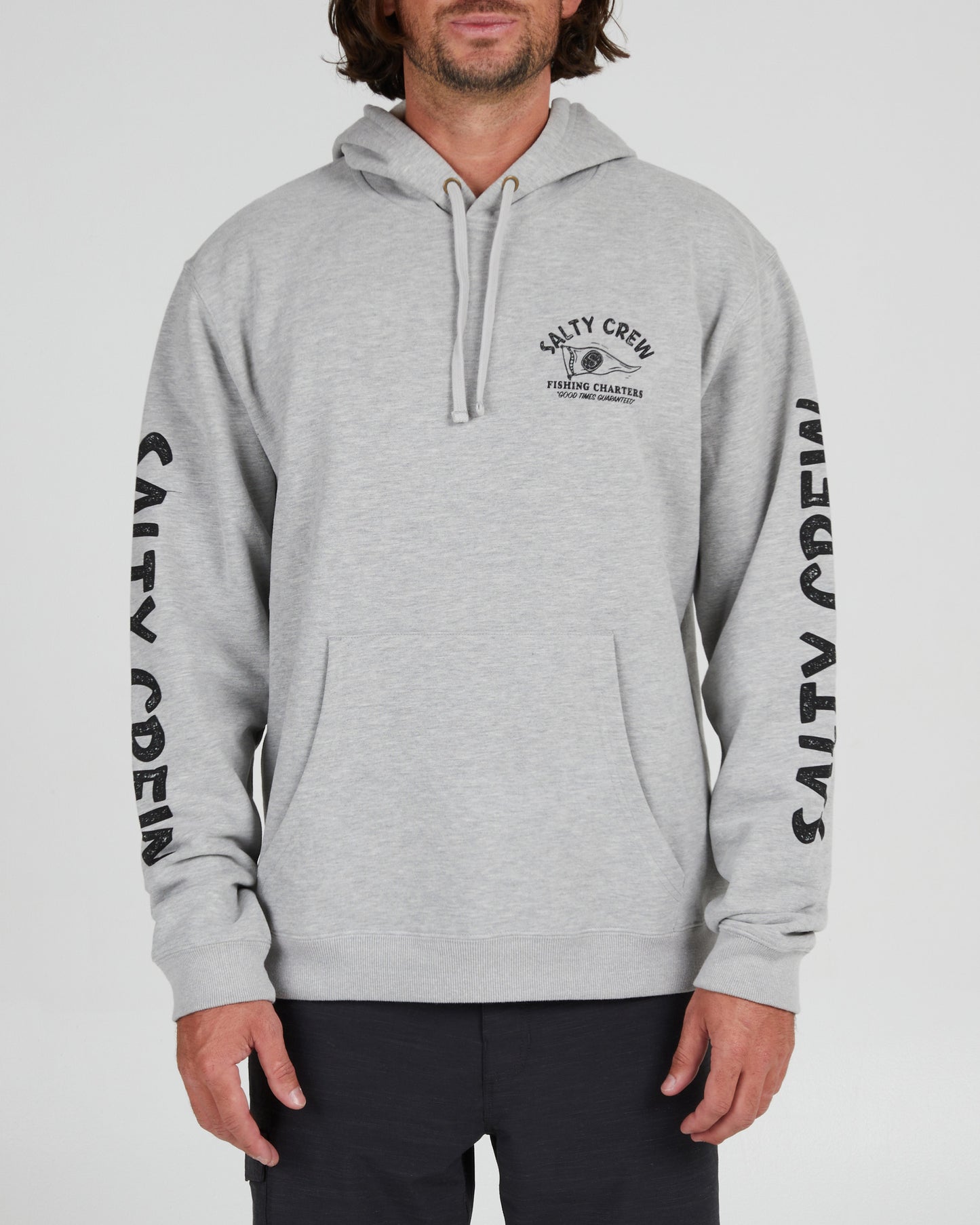 On body front of the Fishing Charters Heather Grey Hood Fleece