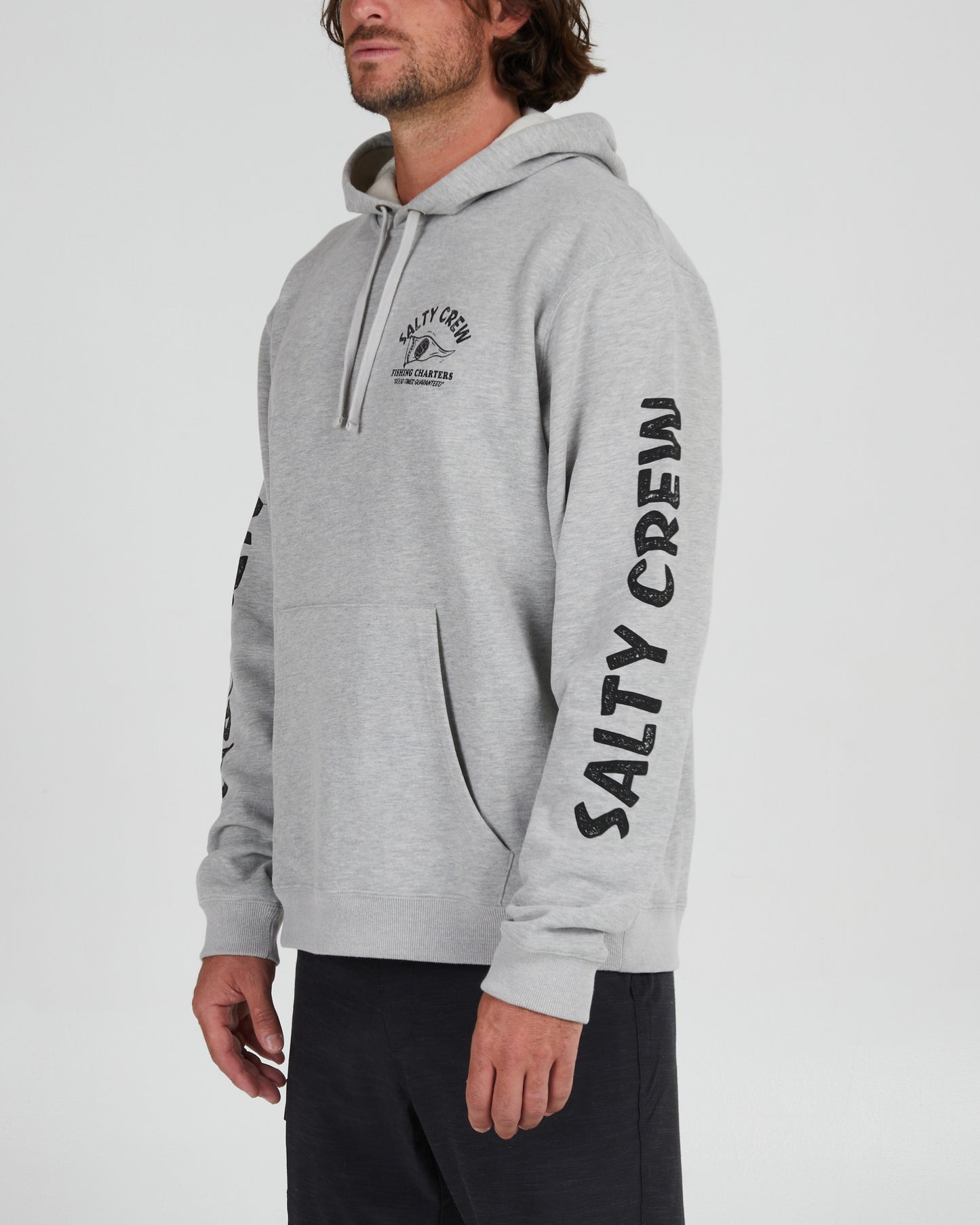 On body front angled view of the Fishing Charters Heather Grey Hood Fleece