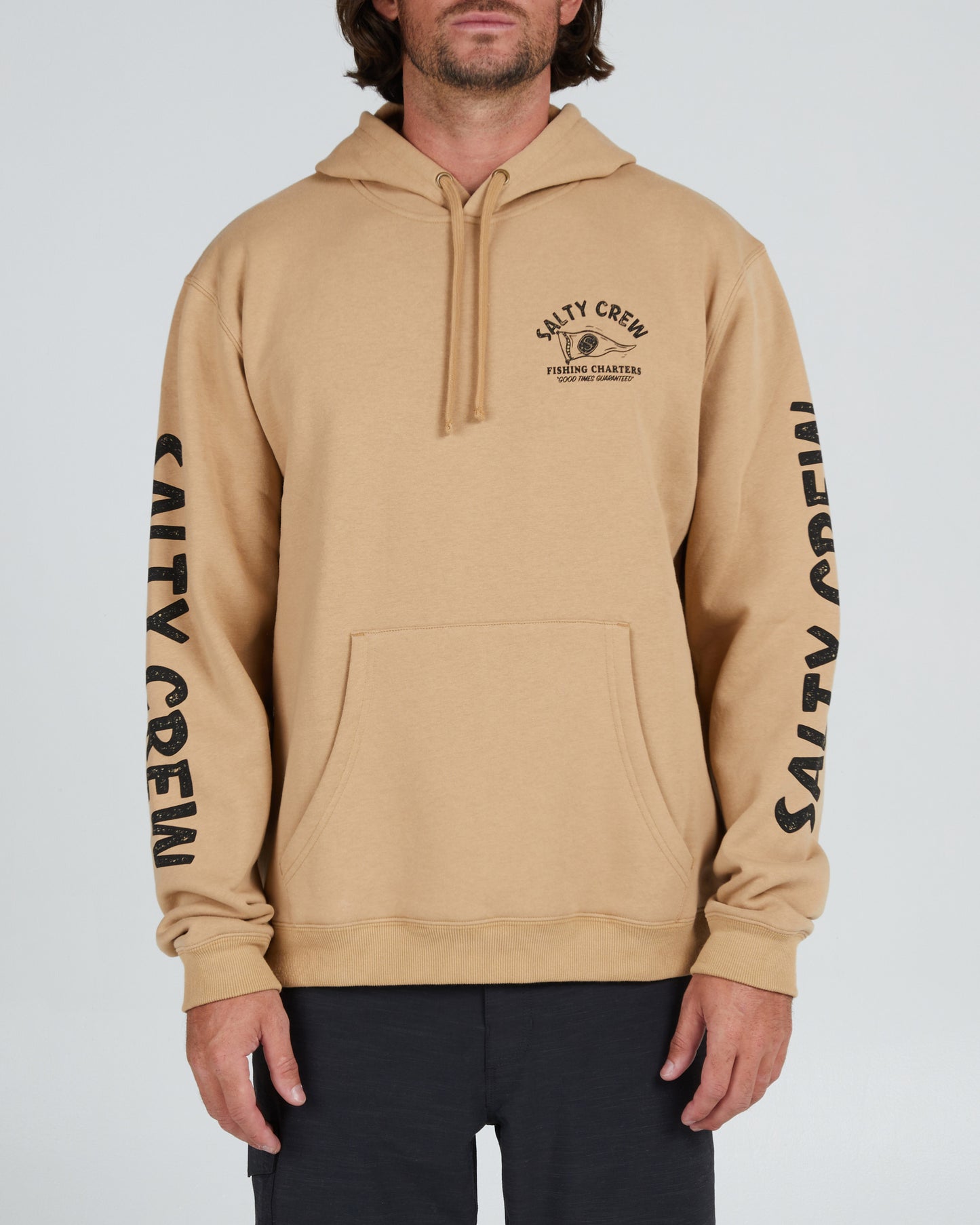 On body front of the Fishing Charters Sandstone Hood Fleece