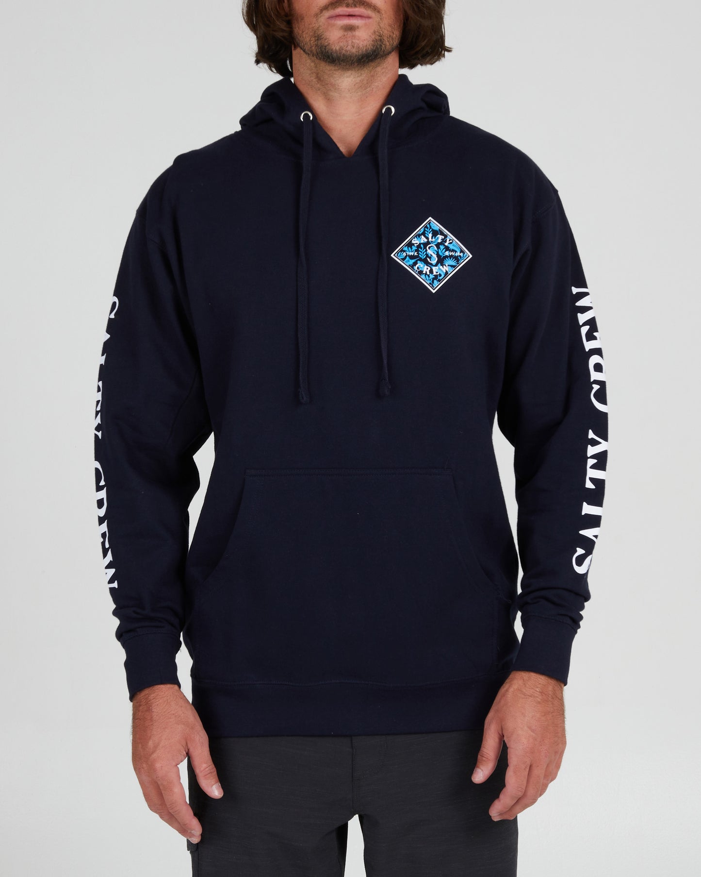 On body front of the Tippet Shores Fill Navy Hood Fleece