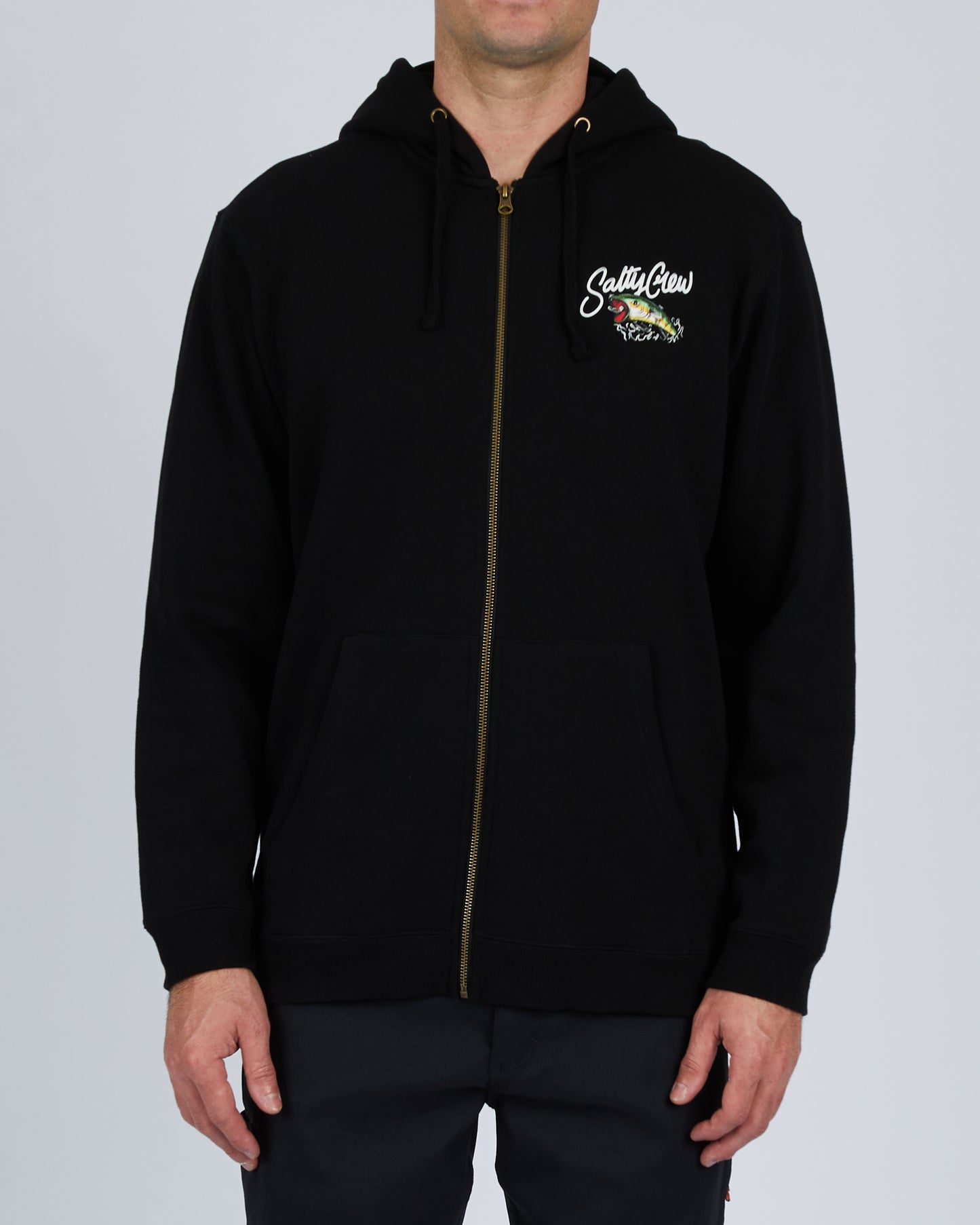 On body front of the Castoff Black Zip Fleece