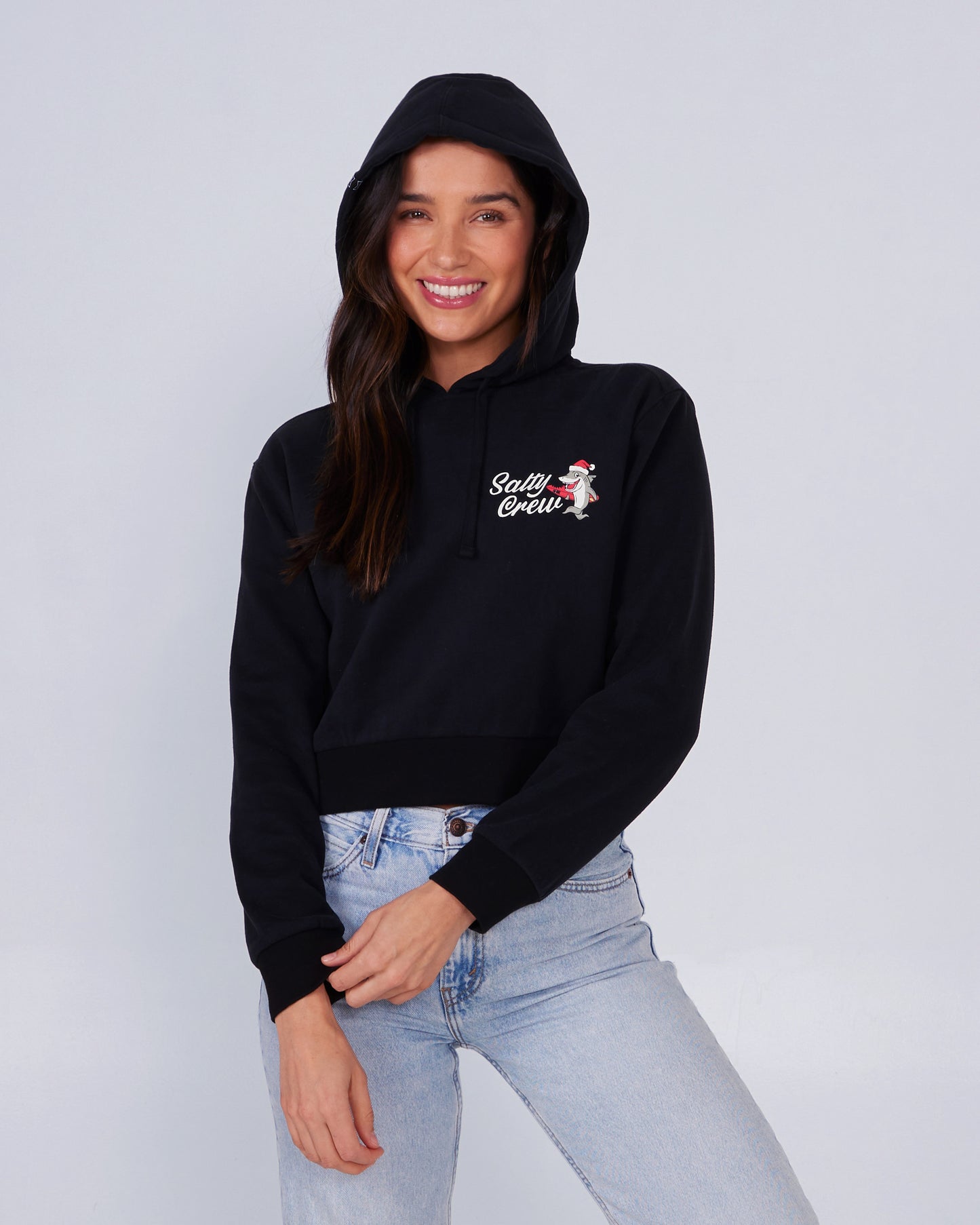 front view of Santa Shark Black Crop Hoody