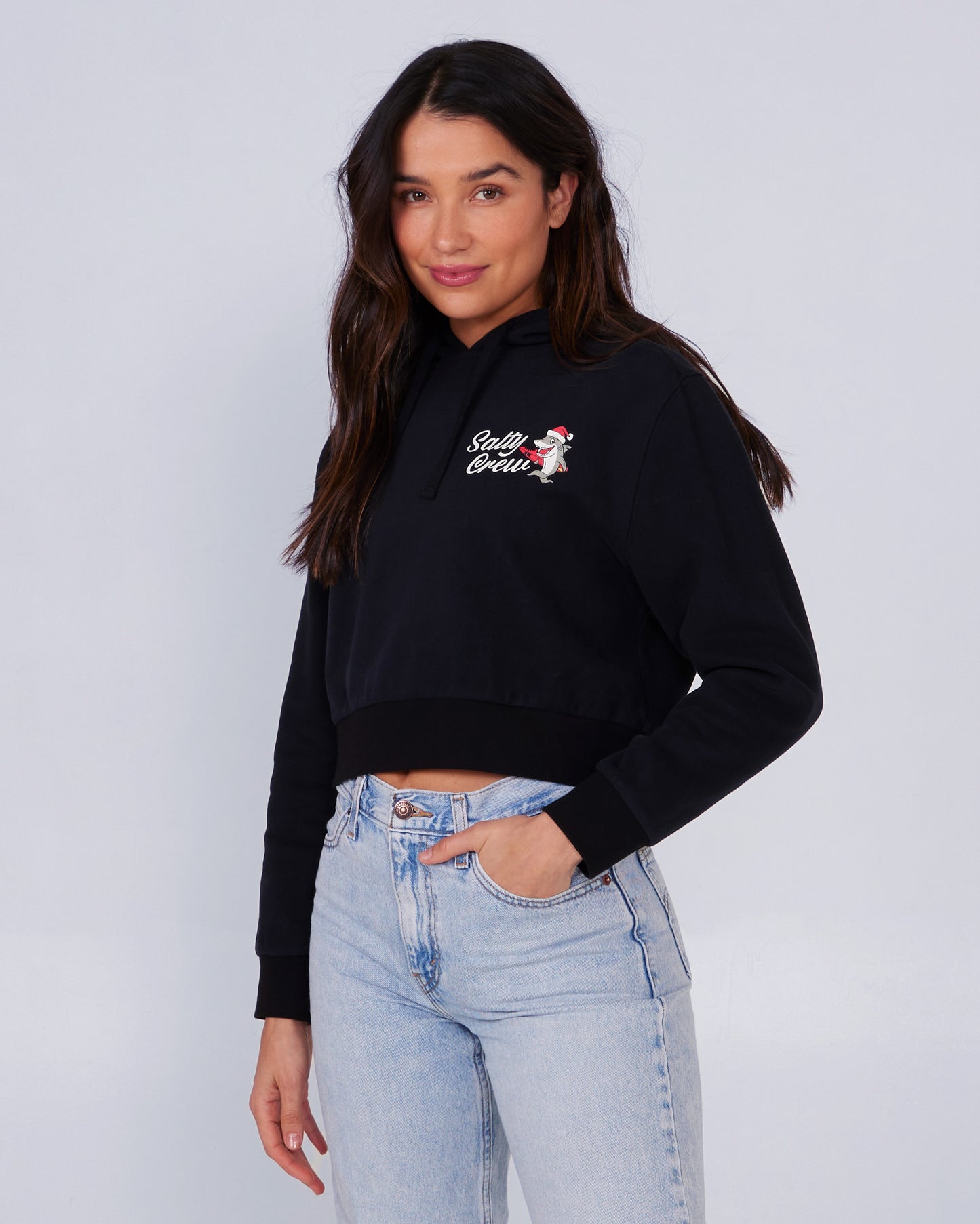 alternate front angle of Santa Shark Black Crop Hoody