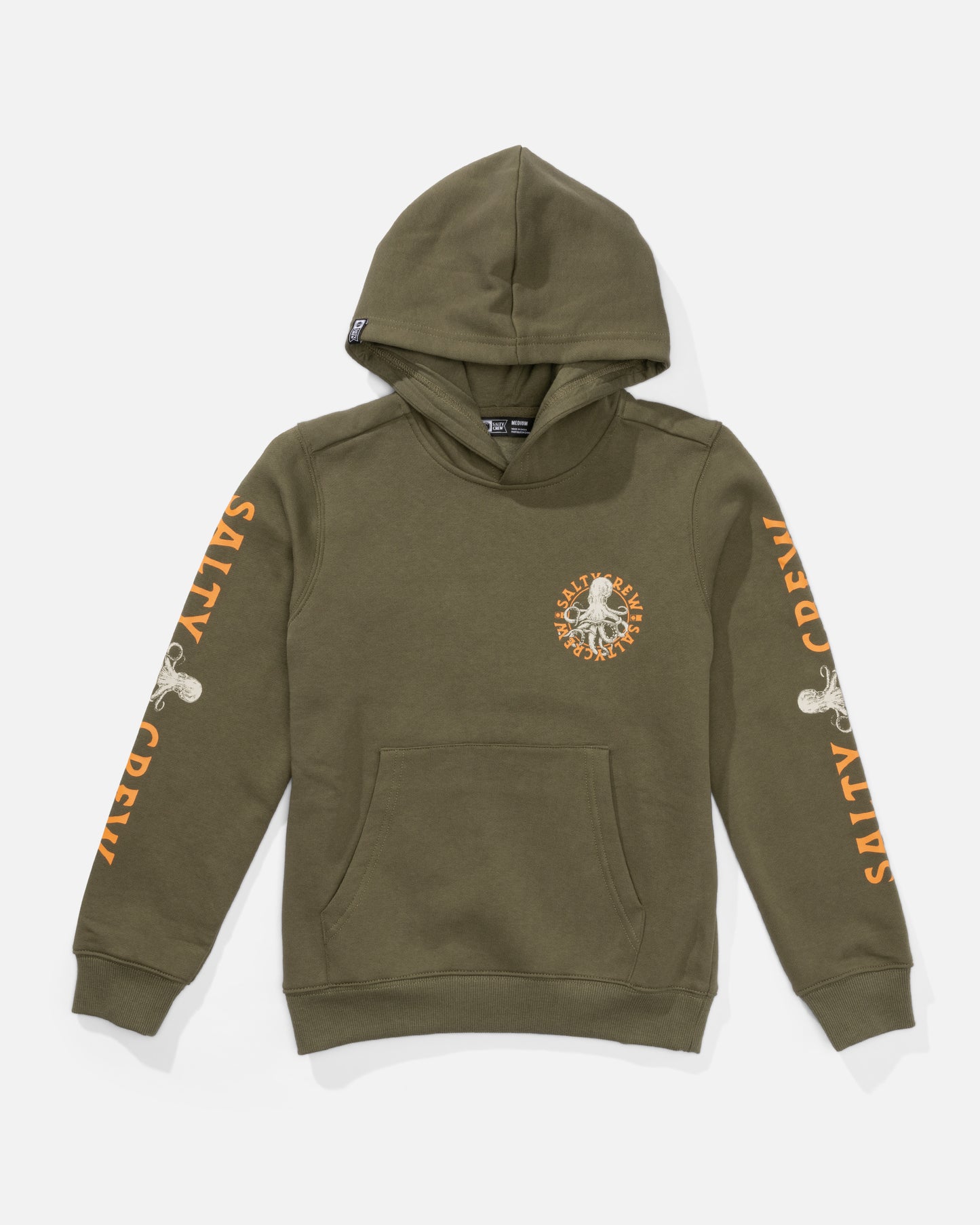 Front view of the Tentacles Boys Fleece Hoodie - Dusty Olive.