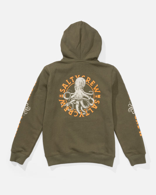 Back view of the Tentacles Boys Fleece Hoodie - Dusty Olive.