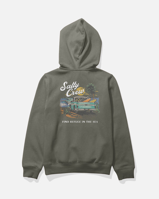 Introducing the Salty Crew Truck Bed Boys Fleece - Laurel Wreath: a green, mid-weight cotton-polyester hoodie adorned with Salty Crew branding and an illustration of a truck, surfboards, palm trees, and the statement “Find Refuge In The Sea” on the back. This comfortable hoodie also features a classic kangaroo pocket for added style and functionality.