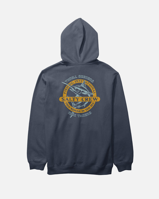 The Salty Crew Marlin Club Fleece Hoodie in navy is a mid-weight hoodie with a kangaroo pocket and a back screenprint of a fish, waves, and “Salty Crew Fishing Invitational” with nautical accents.