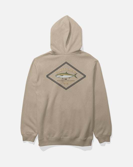 The Salty Crew Yellowtail Heavyweight Fleece in Washed Stone features a hood and a diamond-shaped fish graphic with Salty Crew branding on the back, showcasing an outdoor nautical theme. Displayed on a plain white background.