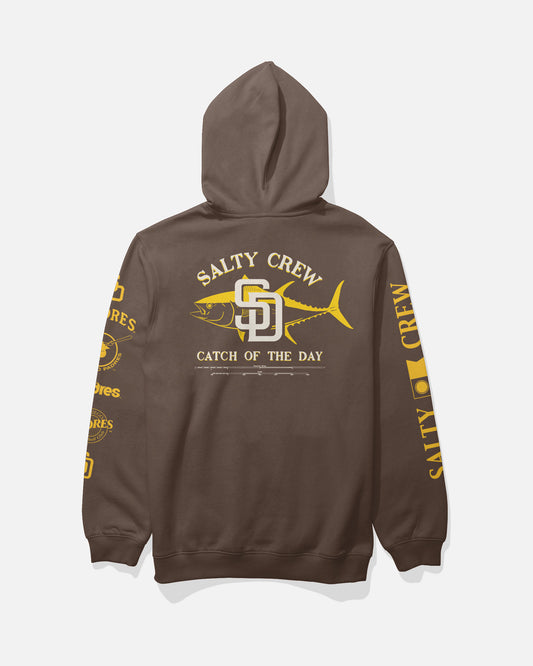 Introducing the Padres Catch of the Day Fleece in brown from Salty Crew—a limited edition hoodie featuring exclusive “Catch of the Day” text, a bold fish graphic, and yellow detailing with Salty Crew logos on the back and sleeves. Perfect for fans seeking standout San Diego Padres-inspired style.