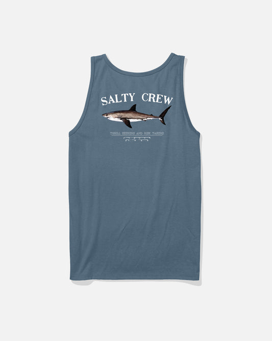 The Bruce Tank - Slate is a blue, soft spun 100% cotton tank featuring "SALTY CREW" text above a screenprinted shark graphic on the back, with smaller white text and graphics below.
