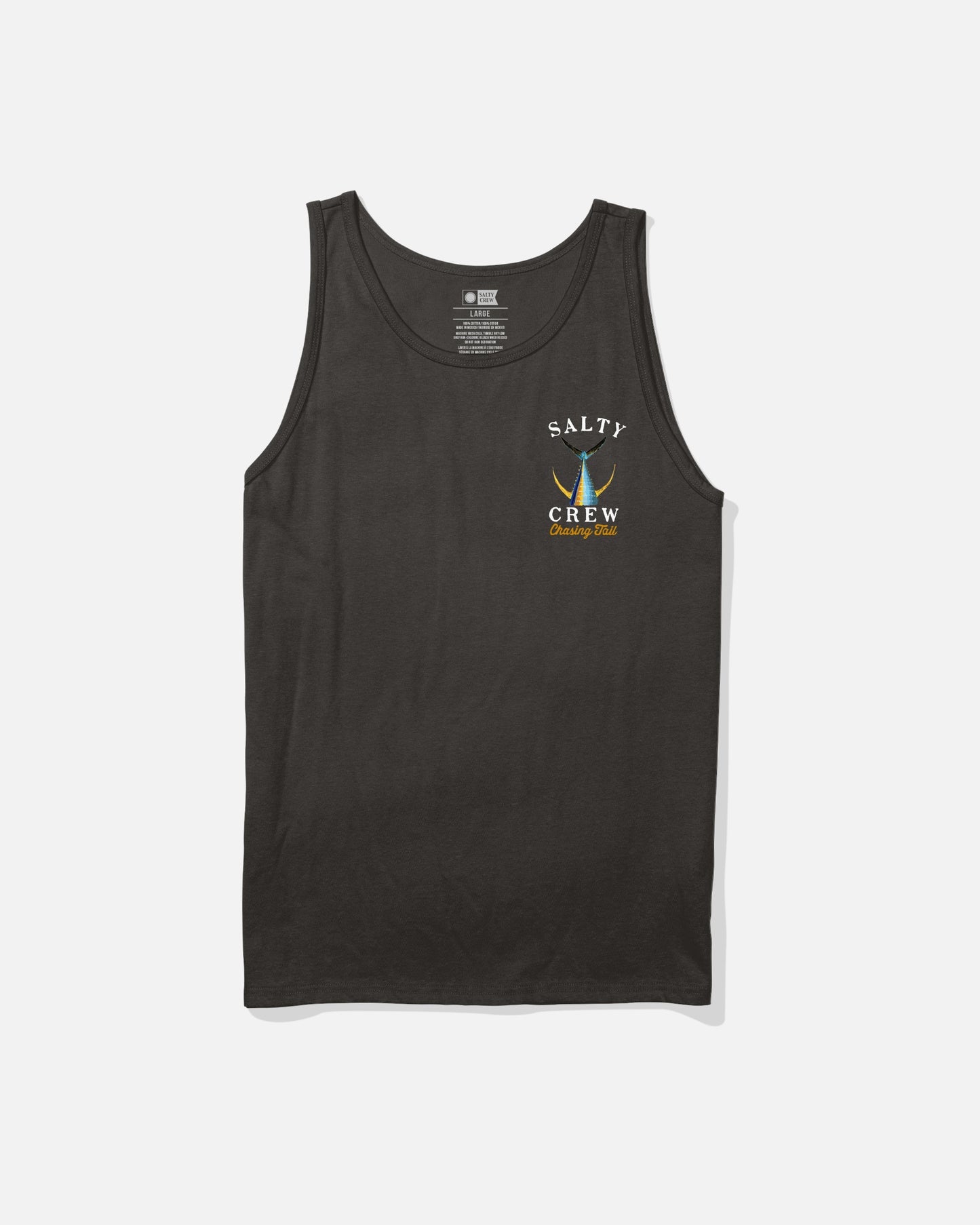 The Salty Crew Tailed Tank - Black is a soft spun cotton t-shirt tank featuring a small screenprint logo with two fish hooks and "Company 2014" on the left chest, shown against a plain white background.
