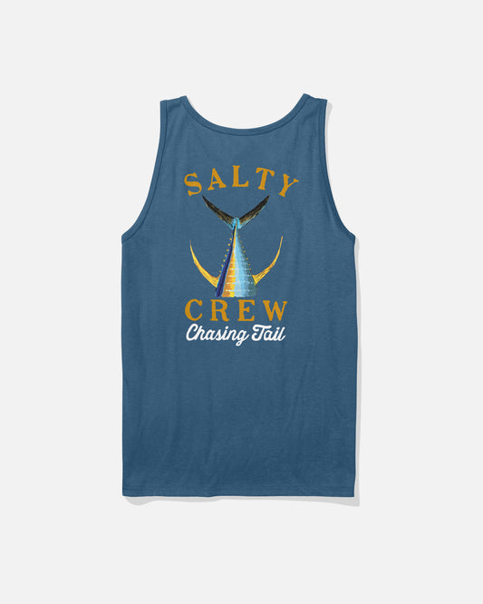 The Salty Crew Tailed Tank in Cast Blue features soft spun fabric and a yellow and white "Chasing Tail" fish tail and hook graphic screenprinted on the back.