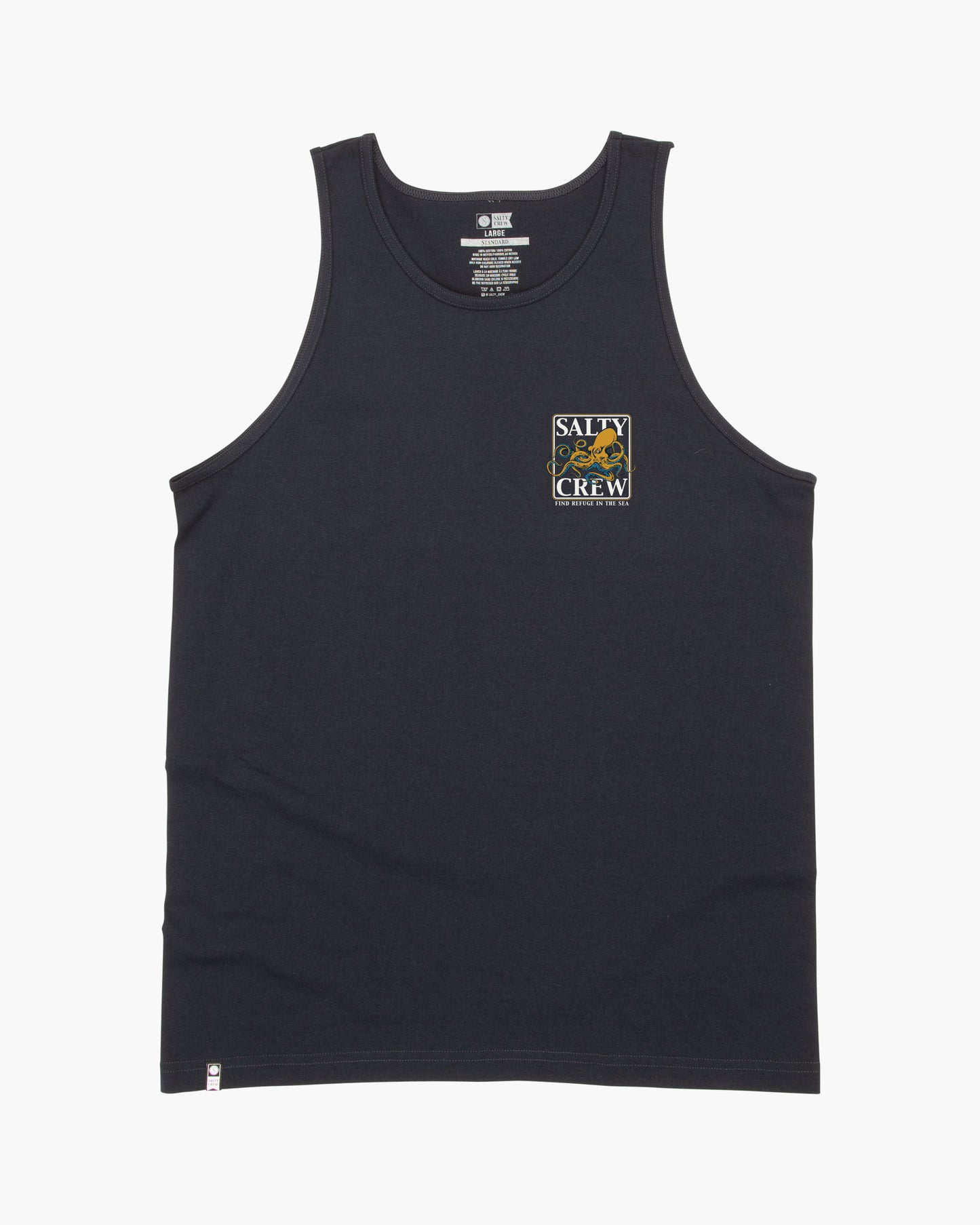 The Salty Crew Ink Slinger Tank in black features a small yellow screenprinted logo and fish graphic on the left chest. It is shown laid flat on a white background.