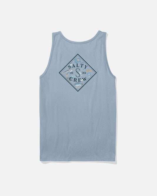 The Salty Crew Tippet Fill Tank in Blue Fog is a light blue, 100% cotton top with a diamond-shaped screenprinted graphic of fish, waves, and nautical elements on the back, shown against a white background.
