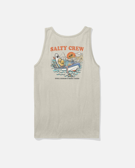 The Salty Crew Down Time Tank - Bone is a 100% cotton top with a soft spun feel, featuring a colorful screenprinted boating graphic. "SALTY CREW" decorates the top, with “Thrill Seekers & Risk Takers” below the design.