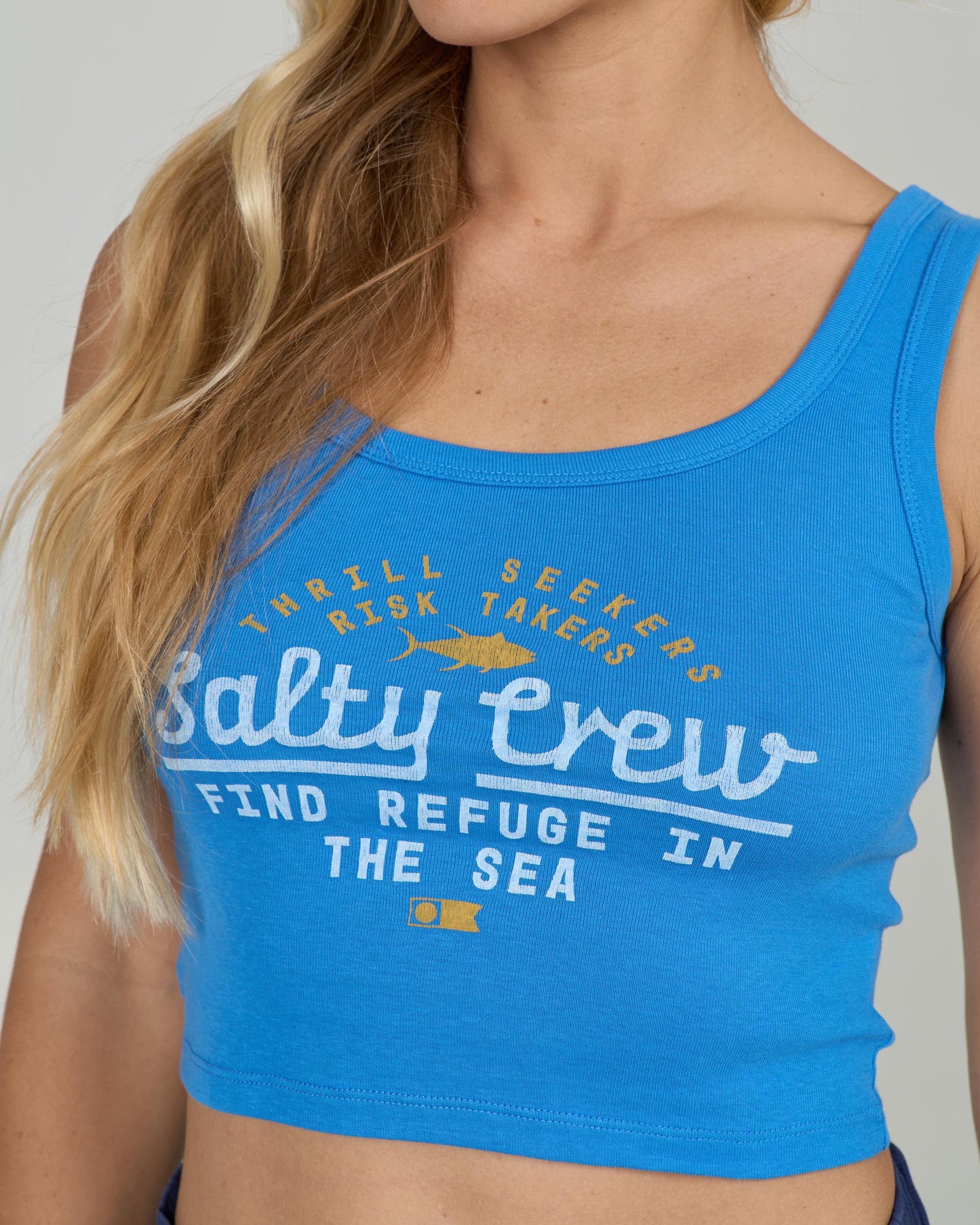 Close up front view of the Unscripted Tank - Bold Blue.