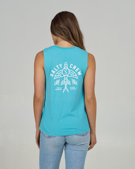 Back view of the Flying High Muscle Tank - Turquoise.