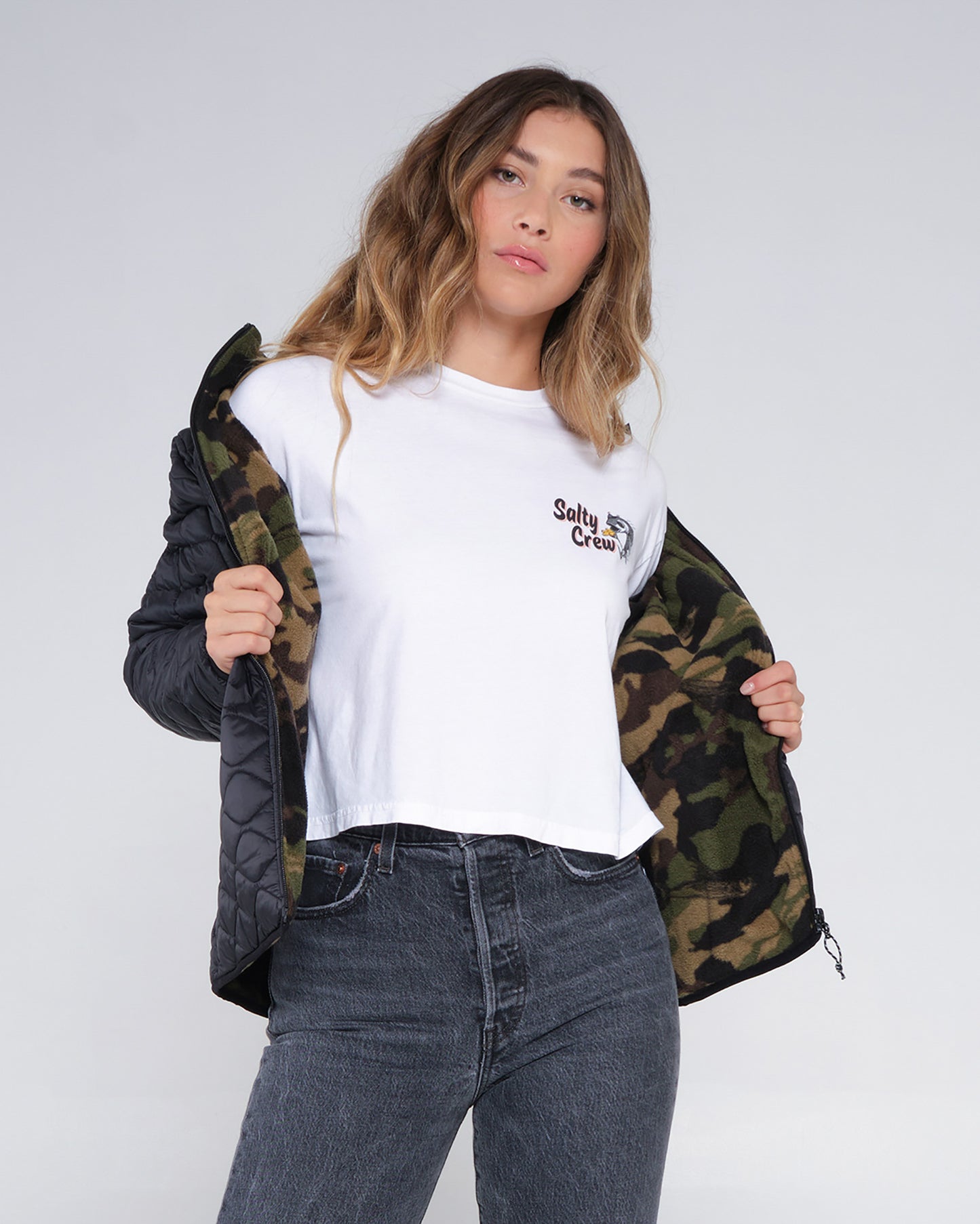 interior fleece print detail of Gale Wind Black Puffer