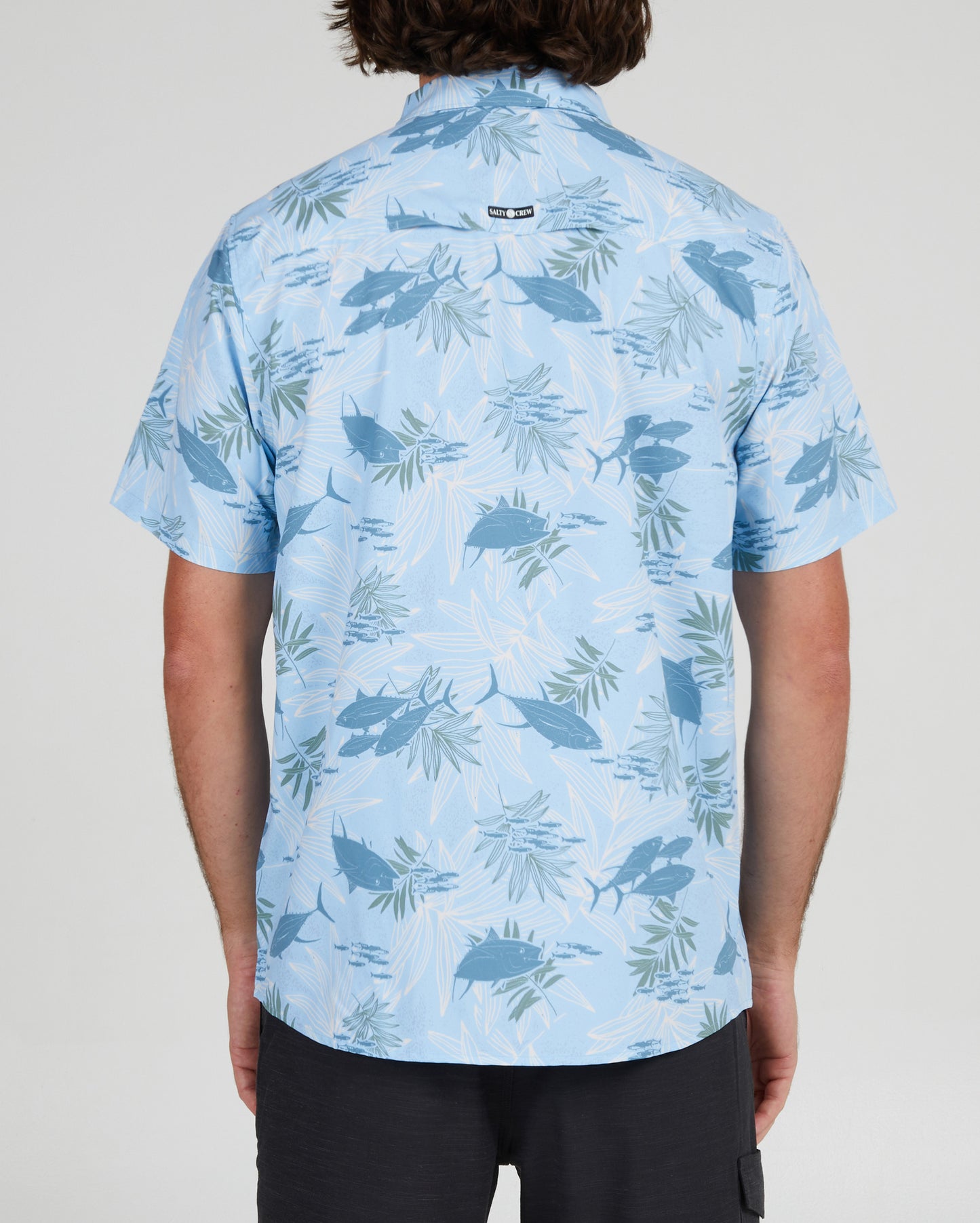 On body back of the Feeding Frenzy Light Blue S/S UV Woven