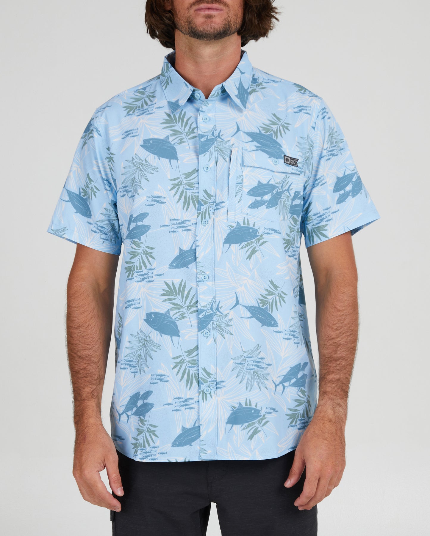 On body front of the Feeding Frenzy Light Blue S/S UV Woven