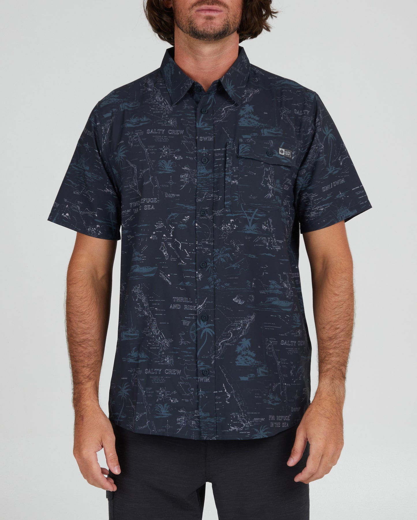 On body front of the Seafarer Black S/S Tech Woven