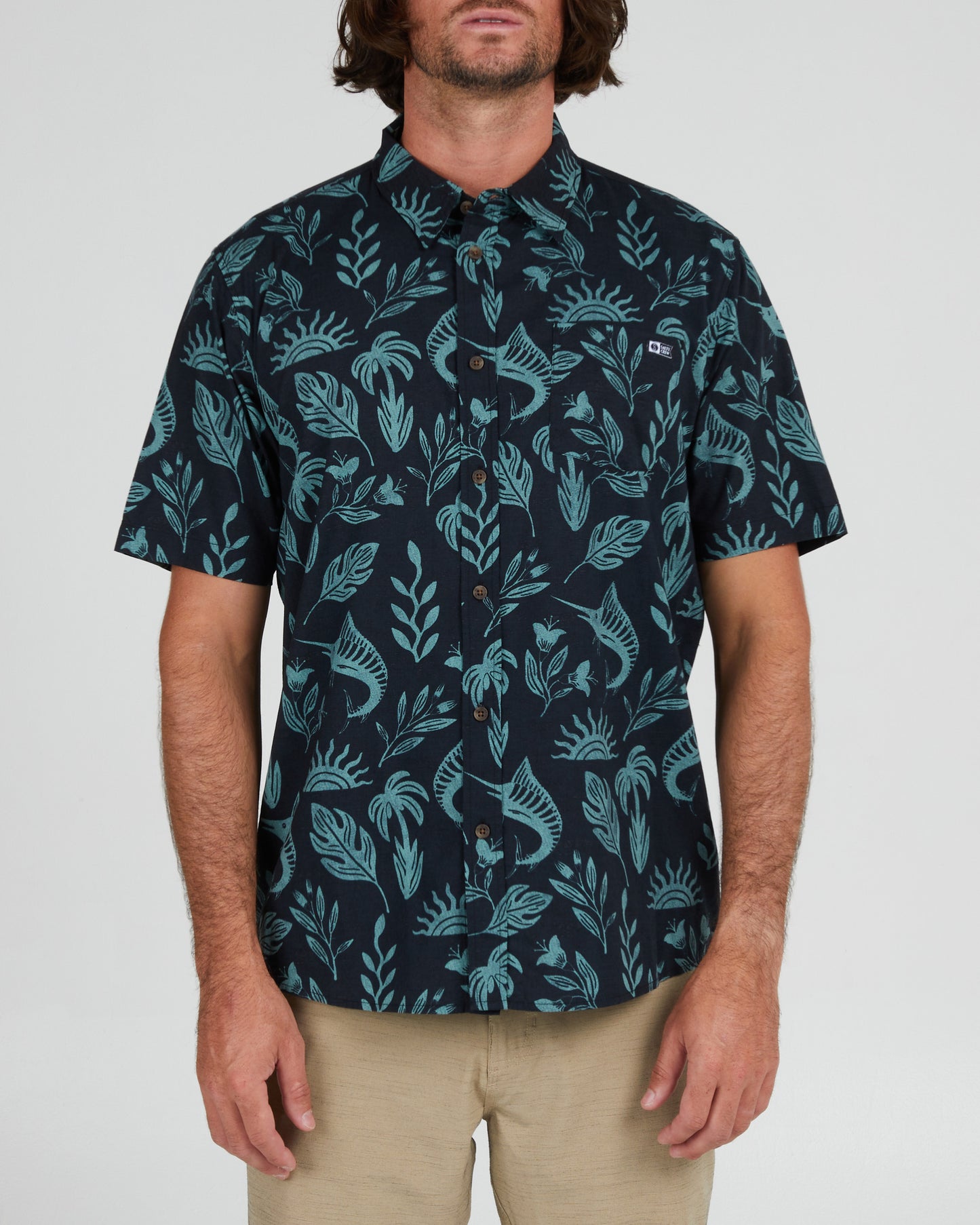 On body front of the Broadbill Black S/S Woven