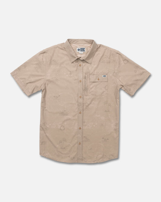 Front view of the Flagship Uv Button Up - Khaki.